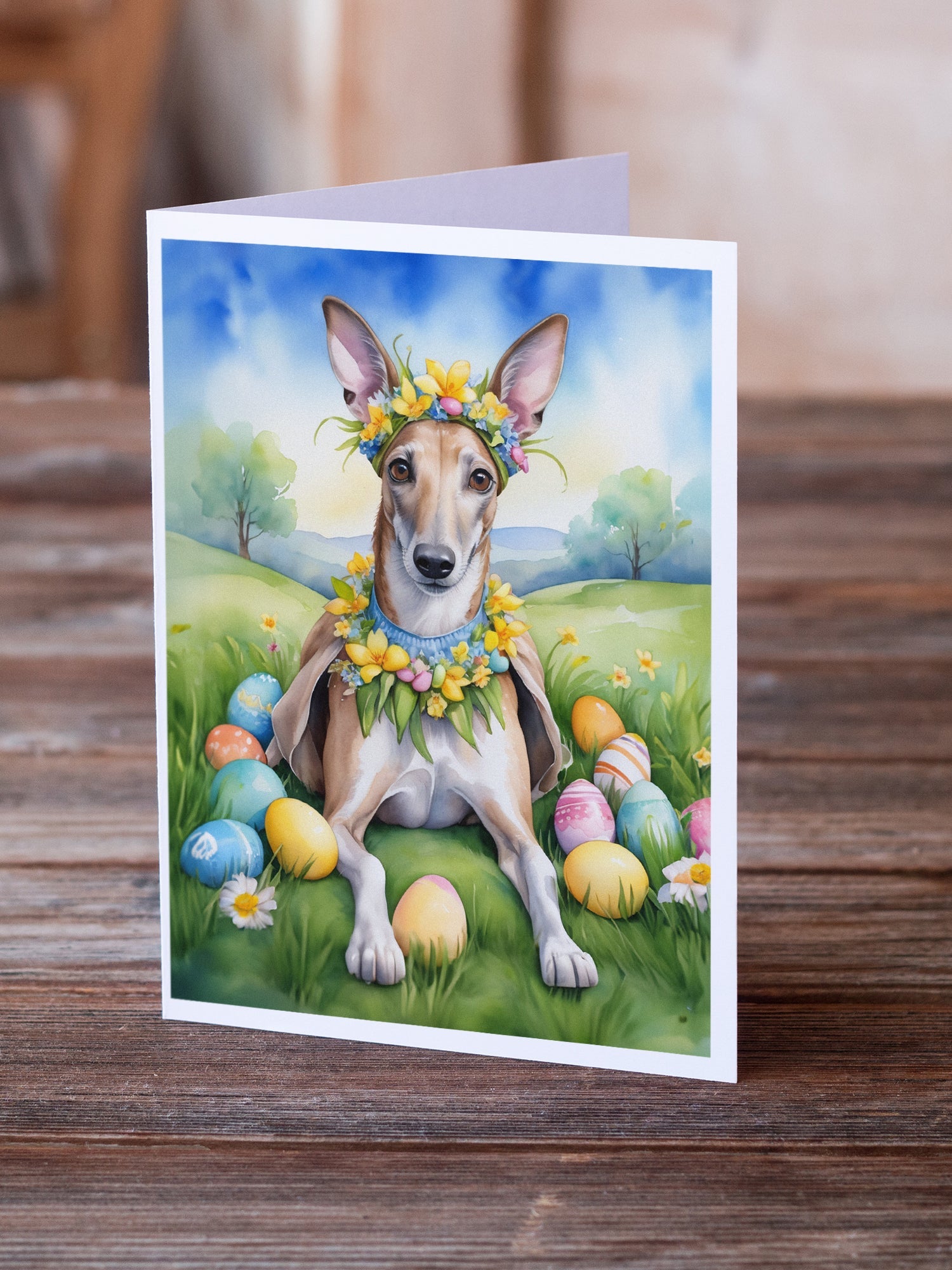 Greyhound Easter Egg Hunt Greeting Cards Pack of 8 Blank Cards with Envelopes Whimsical A7 Size 5x7