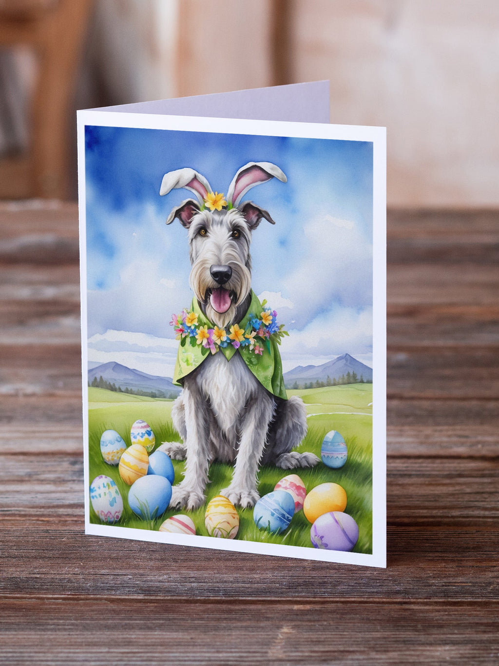 Irish Wolfhound Easter Egg Hunt Greeting Cards Pack of 8 Blank Cards with Envelopes Whimsical A7 Size 5x7
