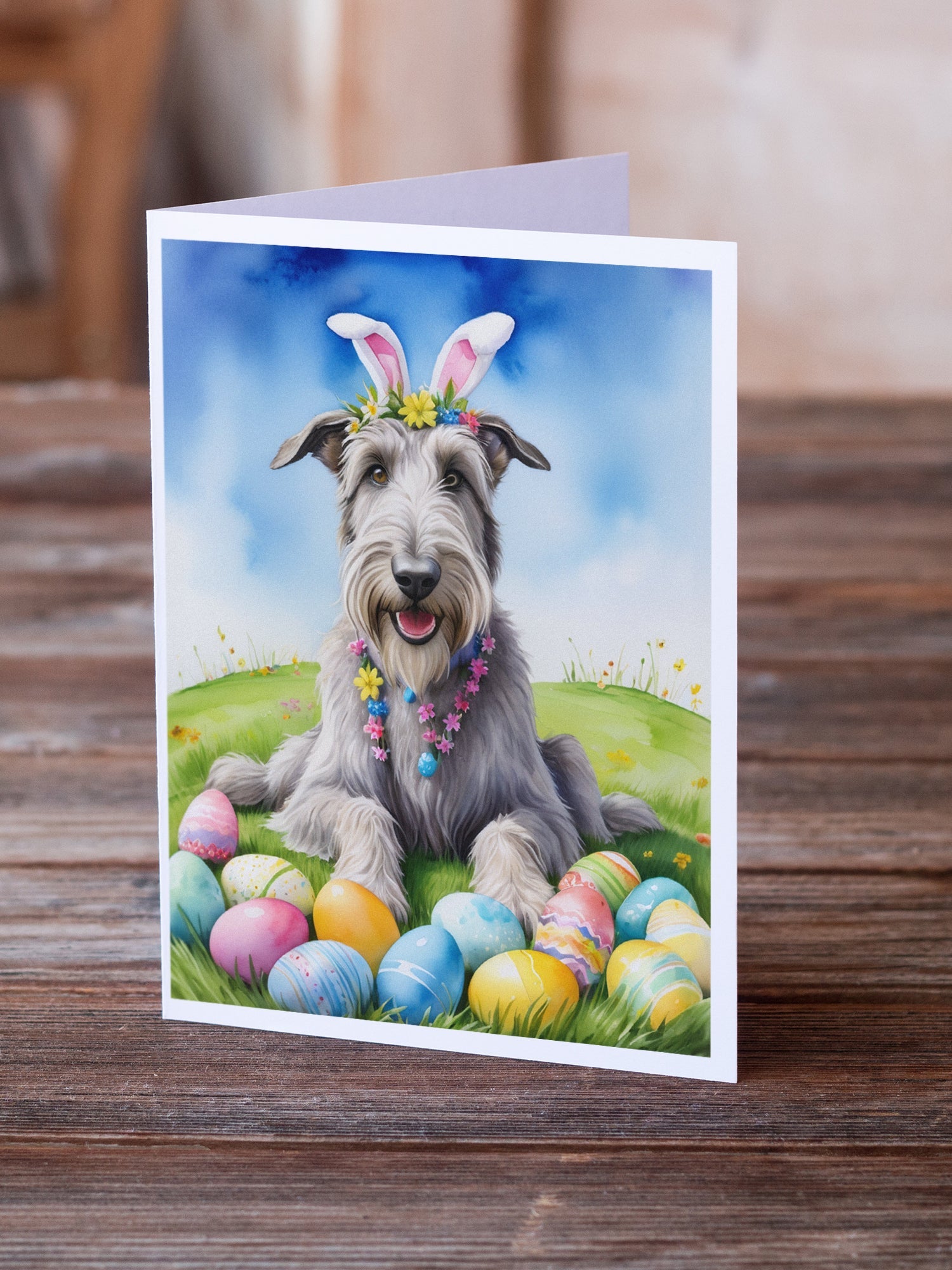 Irish Wolfhound Easter Egg Hunt Greeting Cards Pack of 8 Blank Cards with Envelopes Whimsical A7 Size 5x7