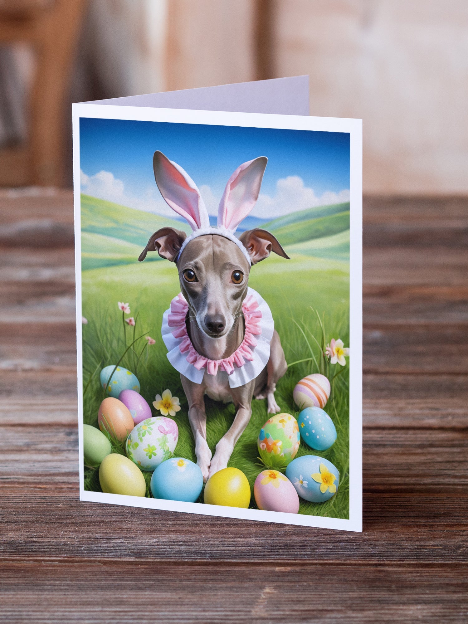 Italian Greyhound Easter Egg Hunt Greeting Cards Pack of 8 Blank Cards with Envelopes Whimsical A7 Size 5x7