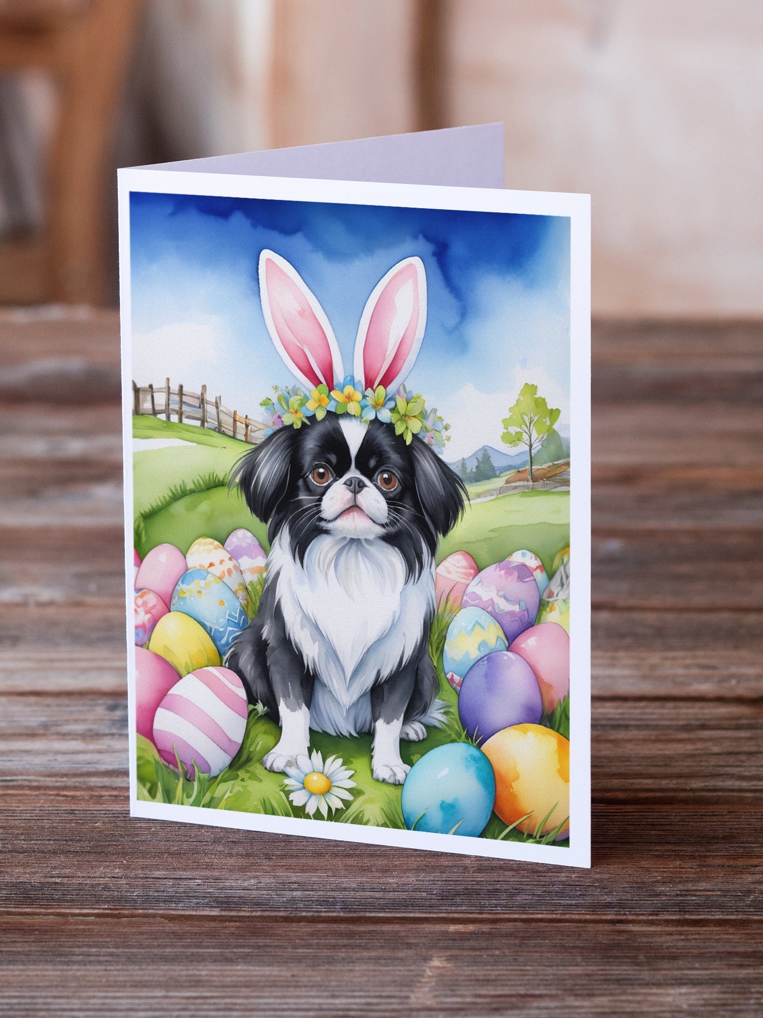 Japanese Chin Easter Egg Hunt Greeting Cards Pack of 8 Blank Cards with Envelopes Whimsical A7 Size 5x7