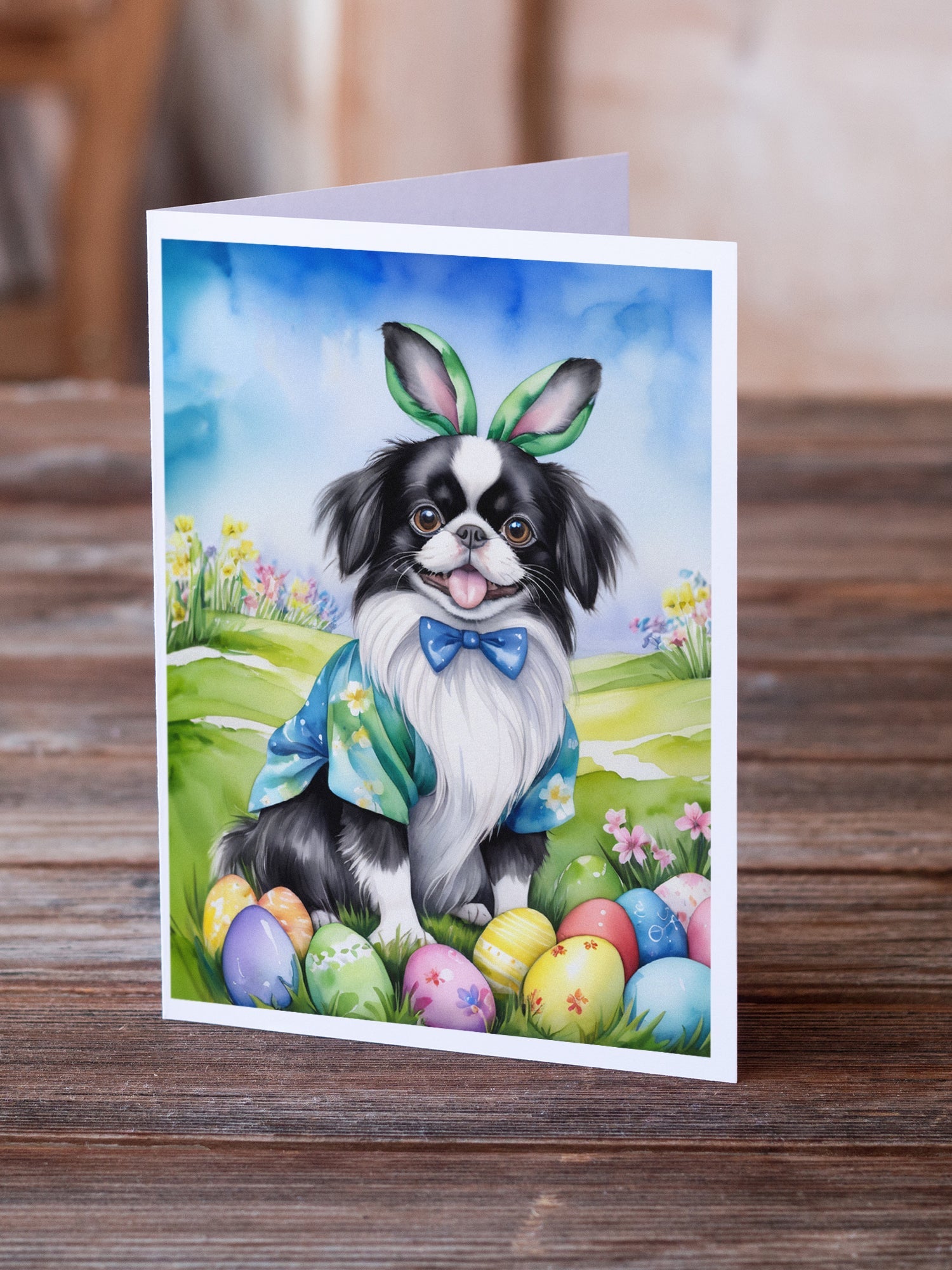 Japanese Chin Easter Egg Hunt Greeting Cards Pack of 8 Blank Cards with Envelopes Whimsical A7 Size 5x7