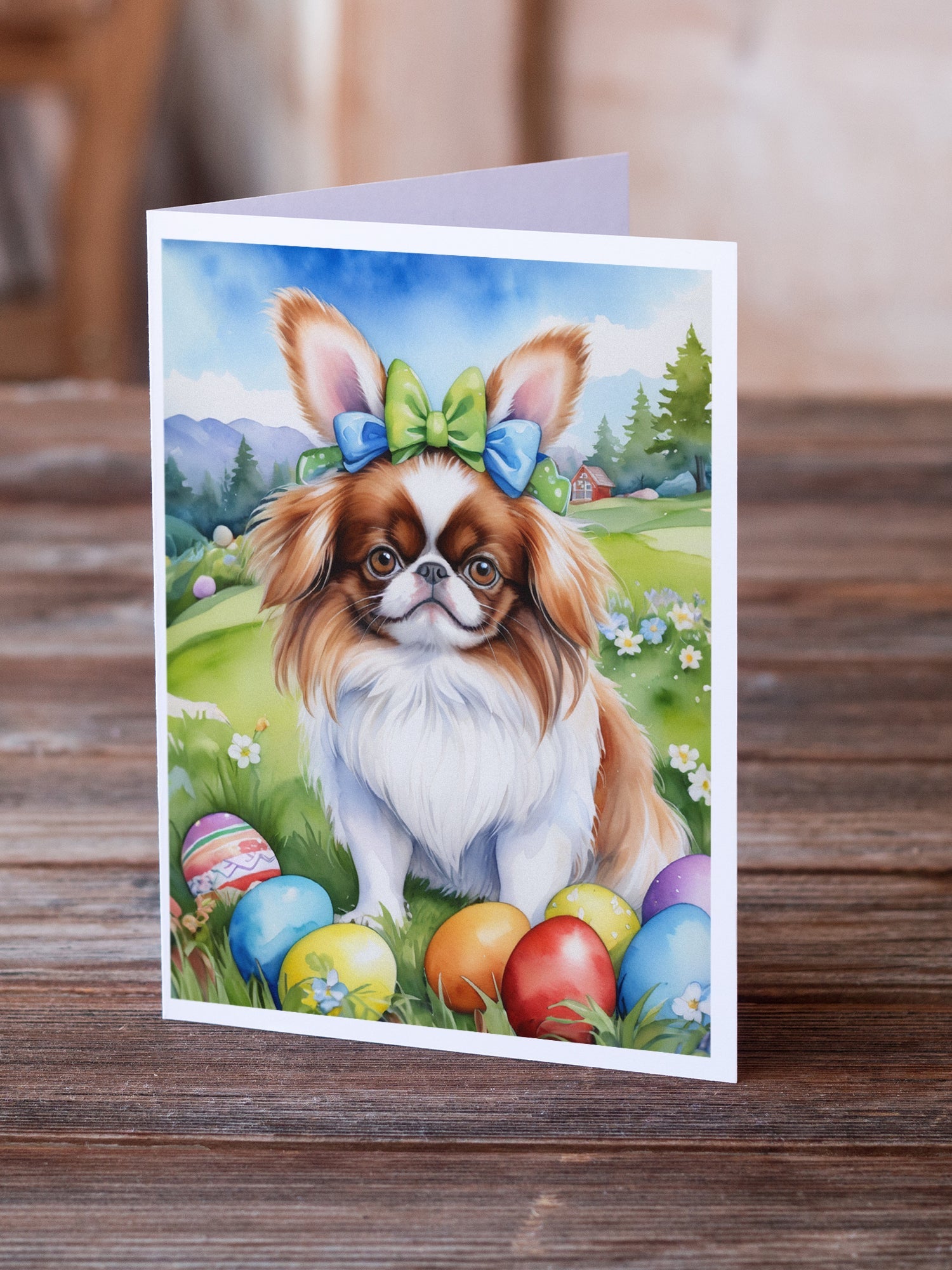 Japanese Chin Easter Egg Hunt Greeting Cards Pack of 8 Blank Cards with Envelopes Whimsical A7 Size 5x7