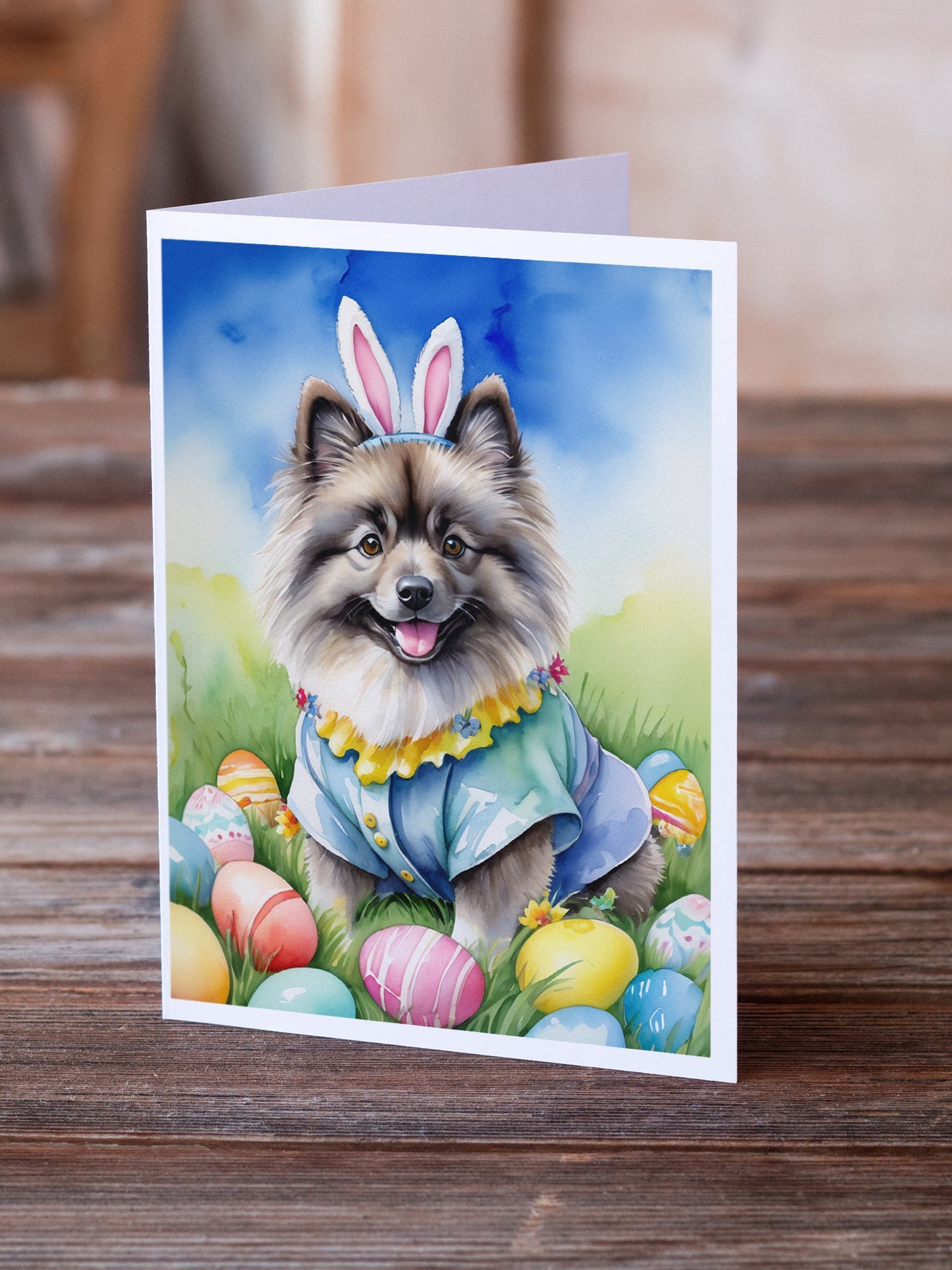 Keeshond Easter Egg Hunt Greeting Cards Pack of 8 Blank Cards with Envelopes Whimsical A7 Size 5x7