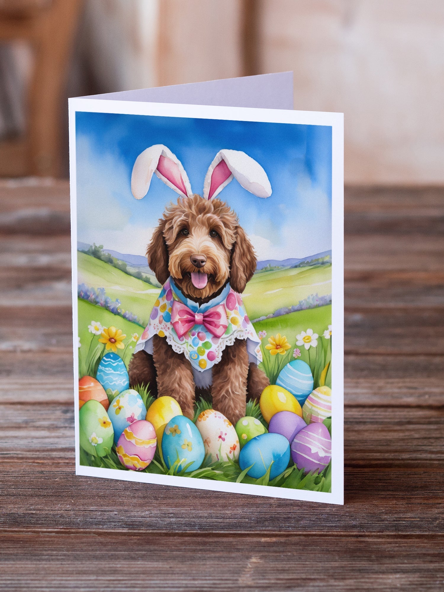Labradoodle Easter Egg Hunt Greeting Cards Pack of 8 Blank Cards with Envelopes Whimsical A7 Size 5x7