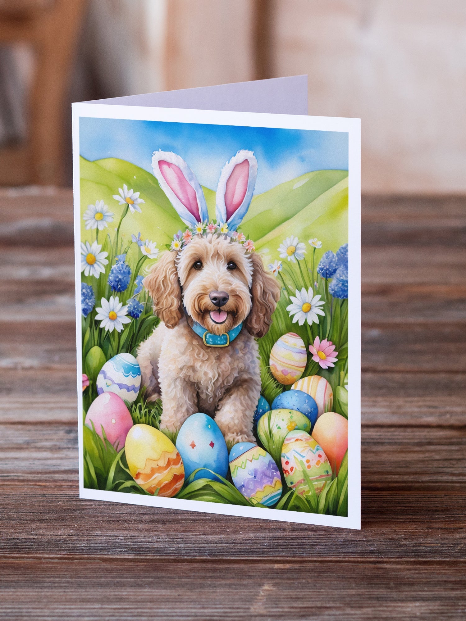 Labradoodle Easter Egg Hunt Greeting Cards Pack of 8 Blank Cards with Envelopes Whimsical A7 Size 5x7