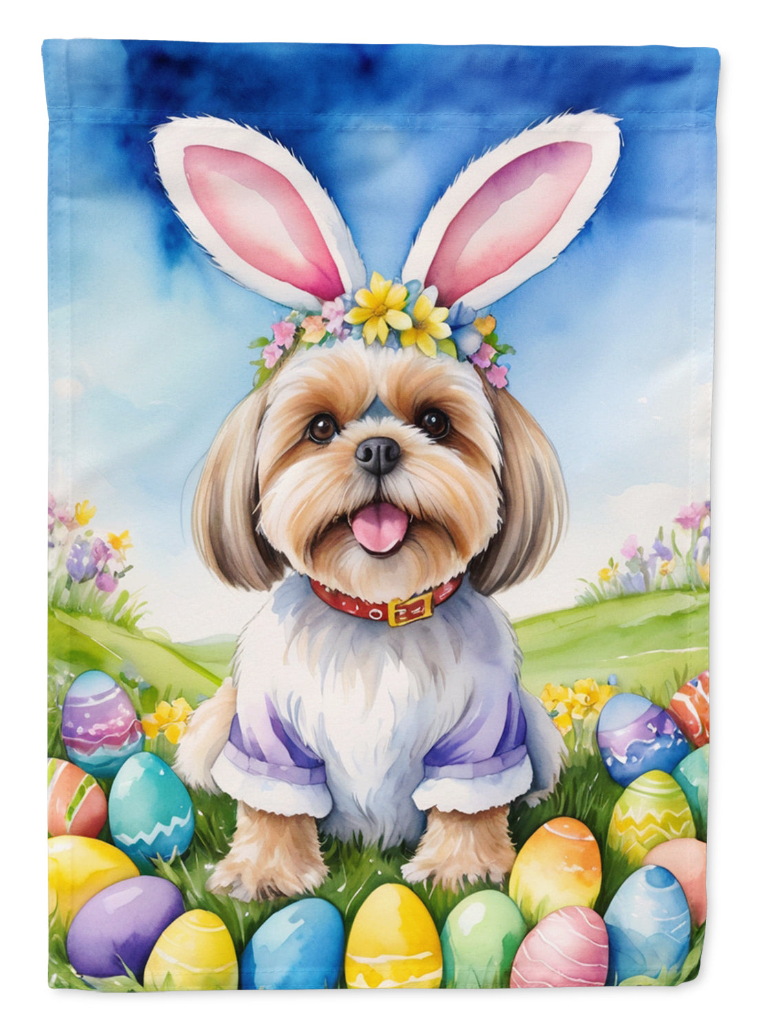 Lhasa Apso Easter Egg Hunt House Flag 28x40 Porch Sleeve Pole Decorative Outside Yard Banner Artwork Wall Hanging, Polyester