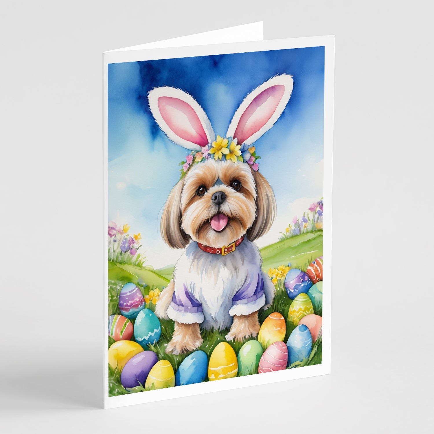 Lhasa Apso Easter Egg Hunt Greeting Cards Pack of 8 Blank Cards with Envelopes Whimsical A7 Size 5x7