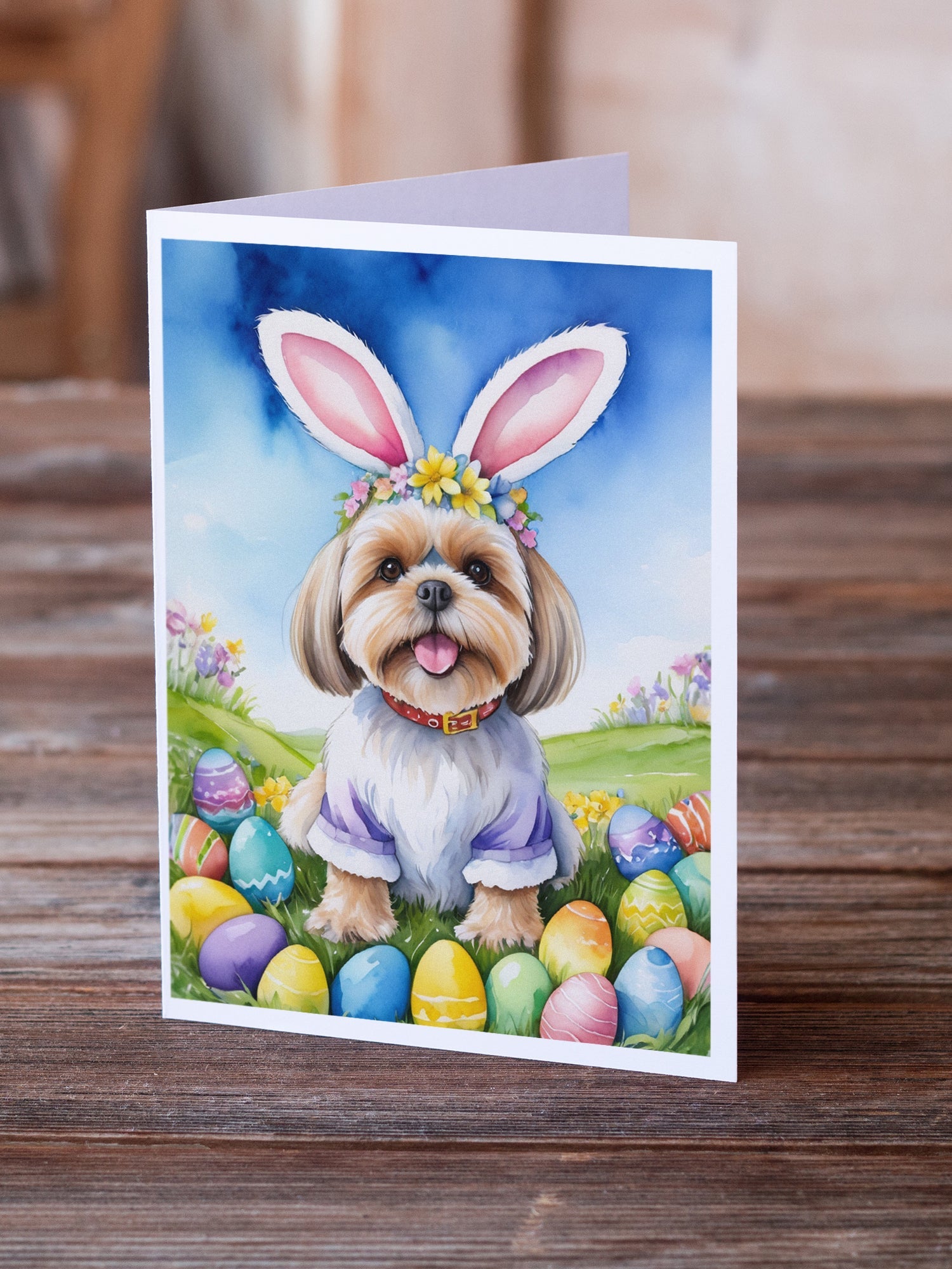 Lhasa Apso Easter Egg Hunt Greeting Cards Pack of 8 Blank Cards with Envelopes Whimsical A7 Size 5x7