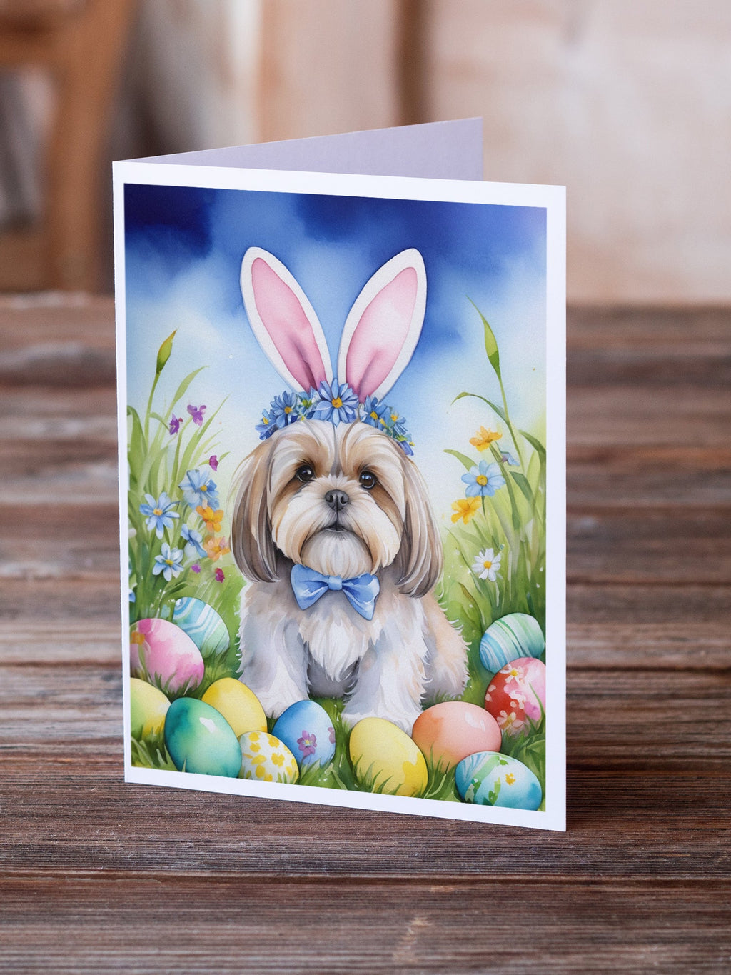 Lhasa Apso Easter Egg Hunt Greeting Cards Pack of 8 Blank Cards with Envelopes Whimsical A7 Size 5x7