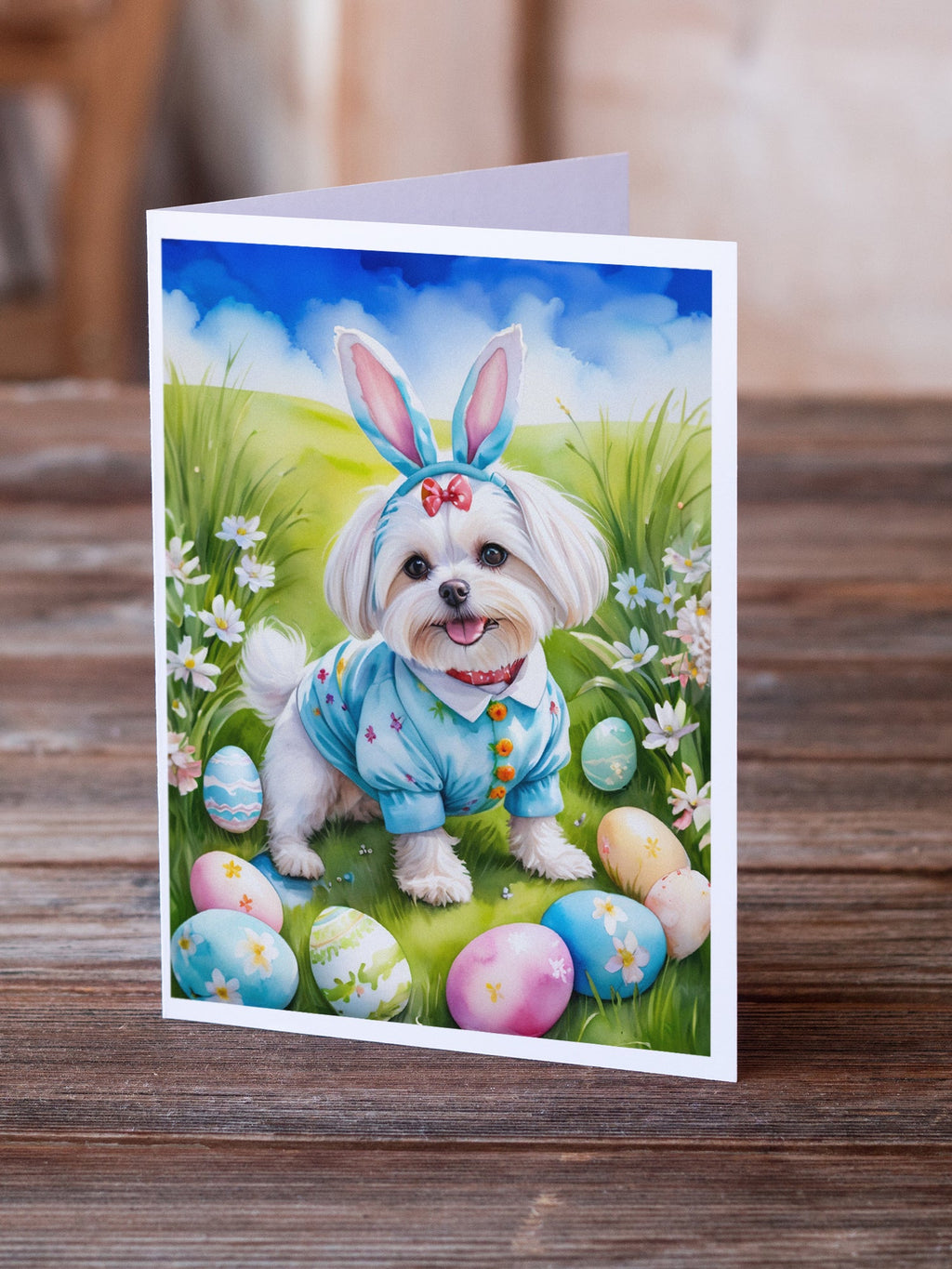 Maltese Easter Egg Hunt Greeting Cards Pack of 8 Blank Cards with Envelopes Whimsical A7 Size 5x7