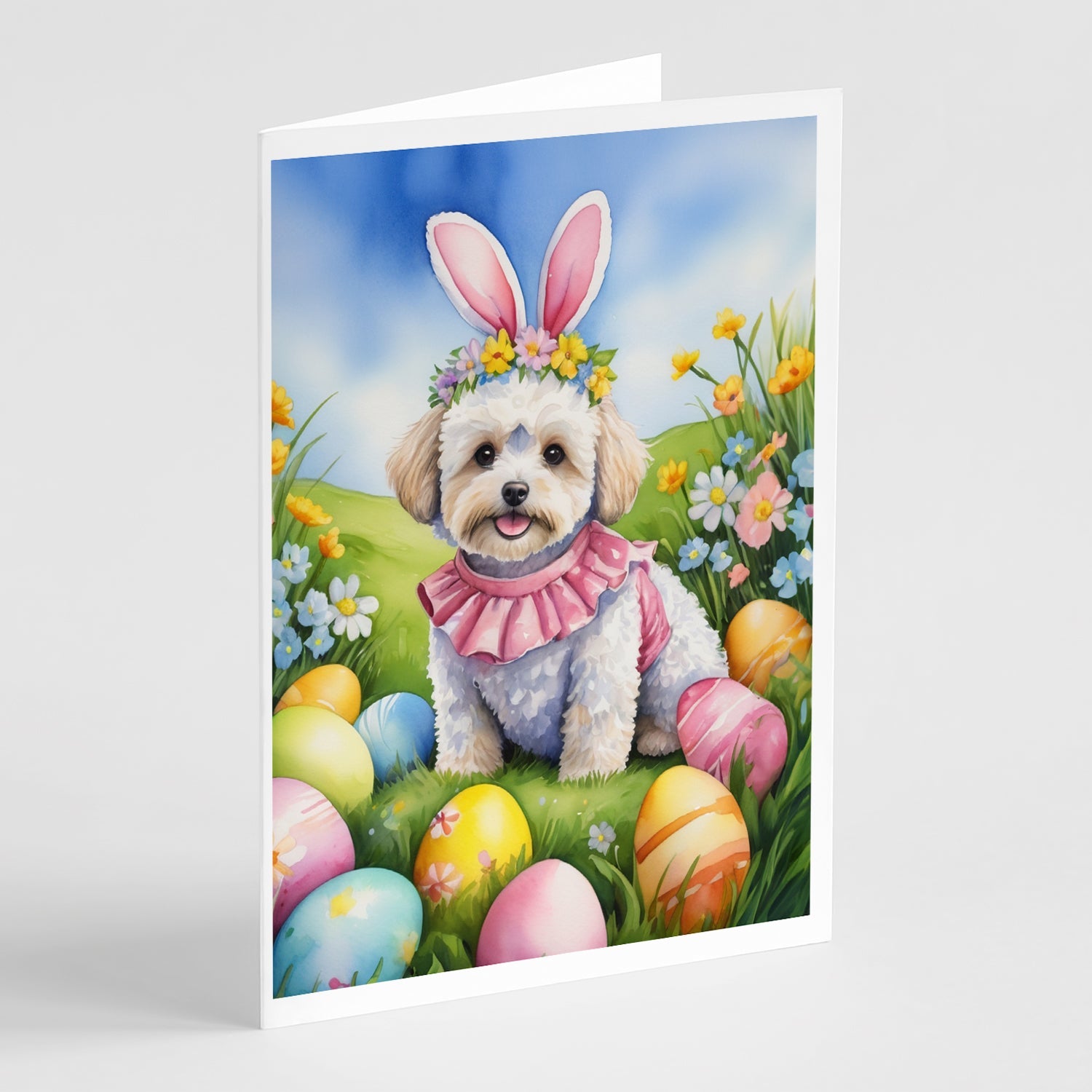 Maltipoo Easter Egg Hunt Greeting Cards Pack of 8 Blank Cards with Envelopes Whimsical A7 Size 5x7