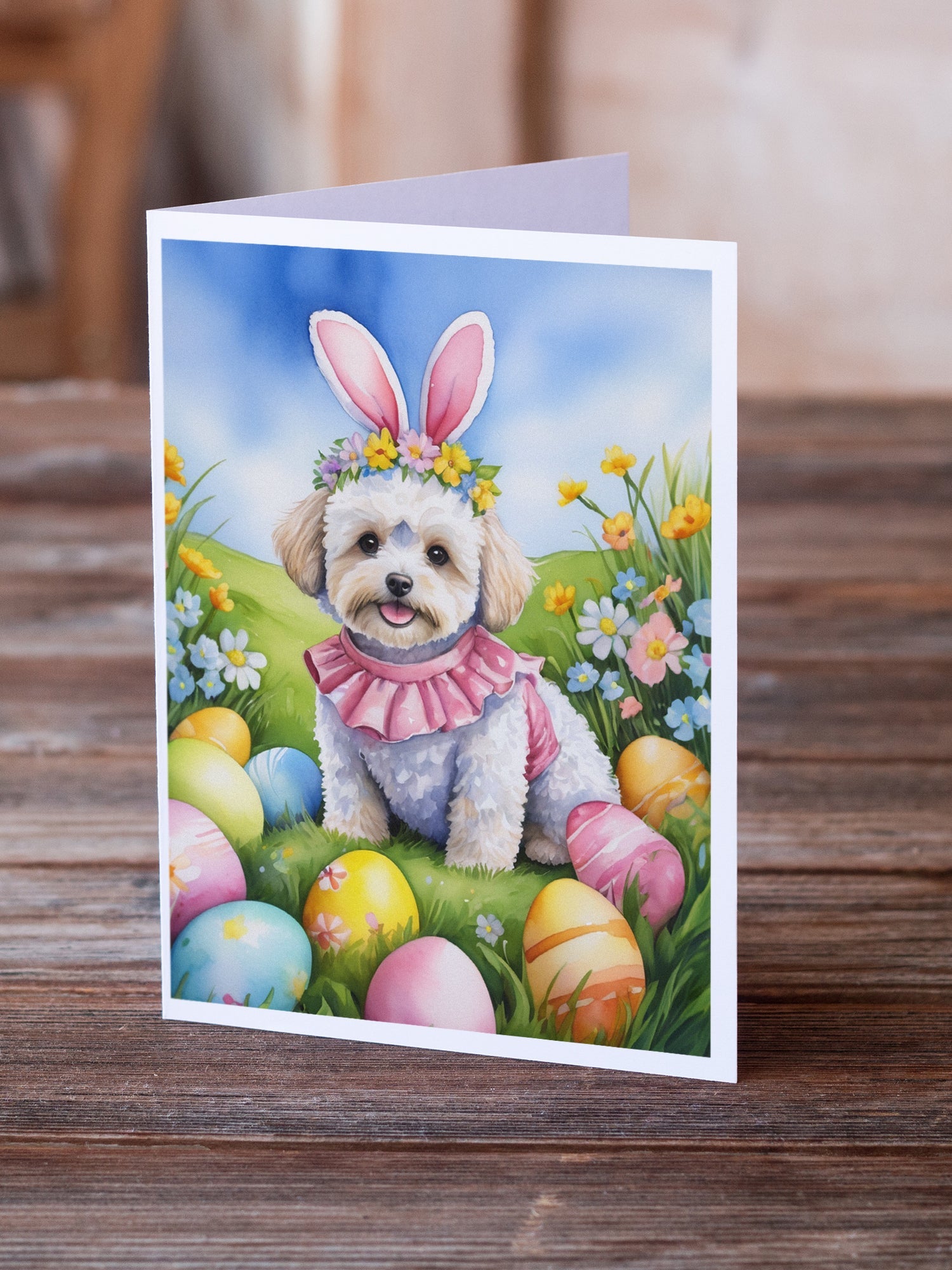 Maltipoo Easter Egg Hunt Greeting Cards Pack of 8 Blank Cards with Envelopes Whimsical A7 Size 5x7