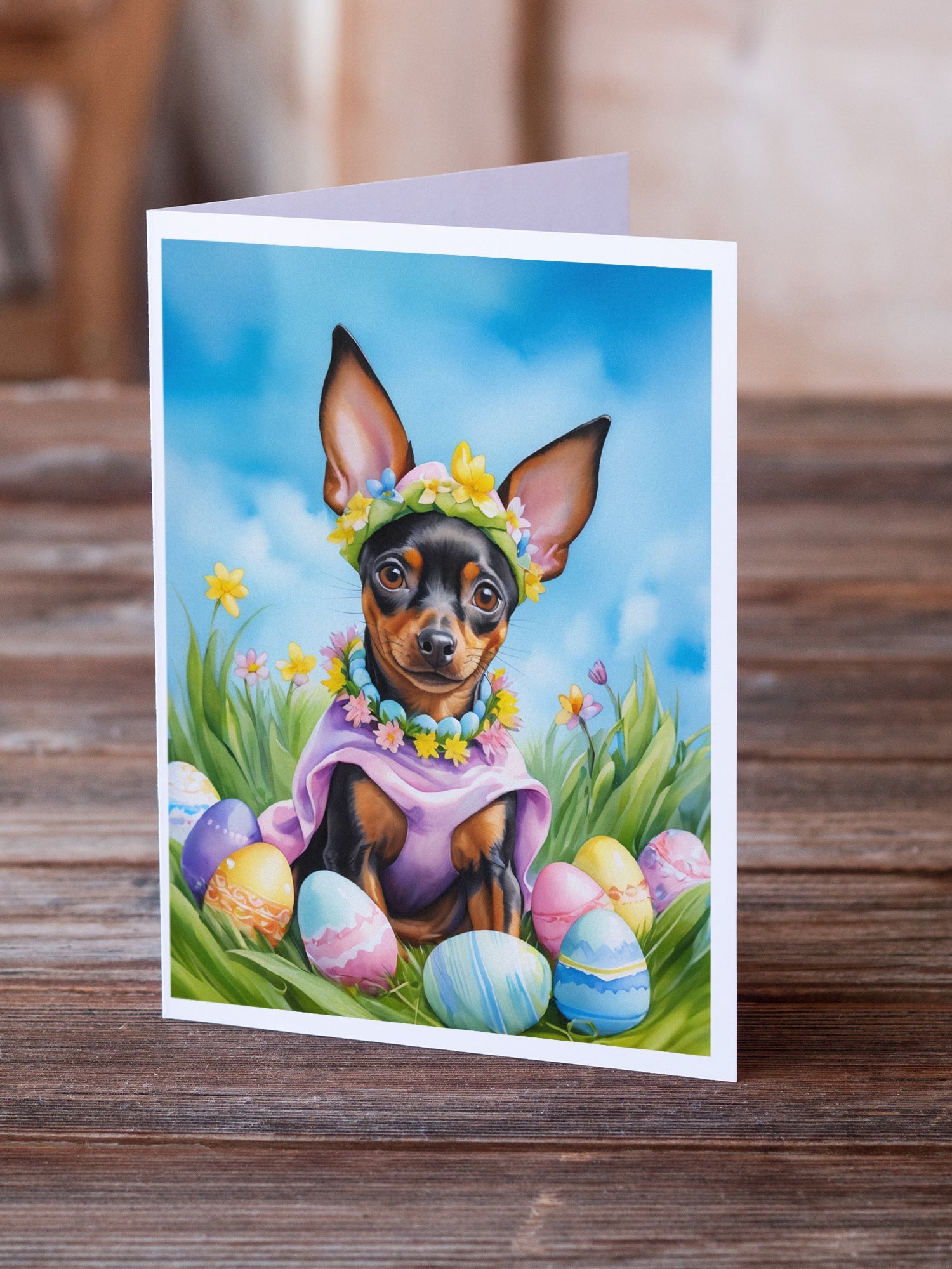 Miniature Pinscher Easter Egg Hunt Greeting Cards Pack of 8 Blank Cards with Envelopes Whimsical A7 Size 5x7