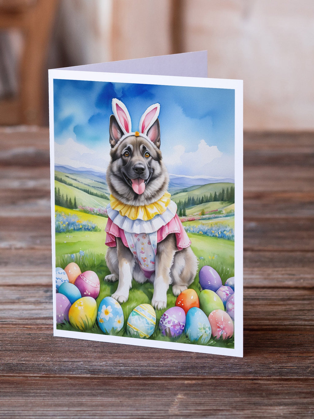 Norwegian Elkhound Easter Egg Hunt Greeting Cards Pack of 8 Blank Cards with Envelopes Whimsical A7 Size 5x7
