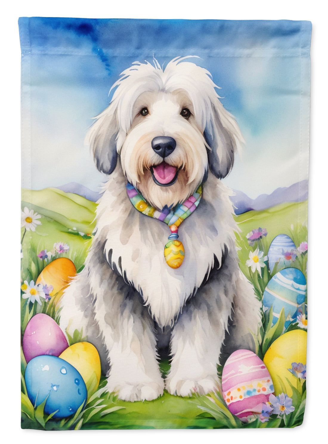 Old English Sheepdog Easter Egg Hunt House Flag 28x40 Porch Sleeve Pole Decorative Outside Yard Banner Artwork Wall Hanging, Polyester