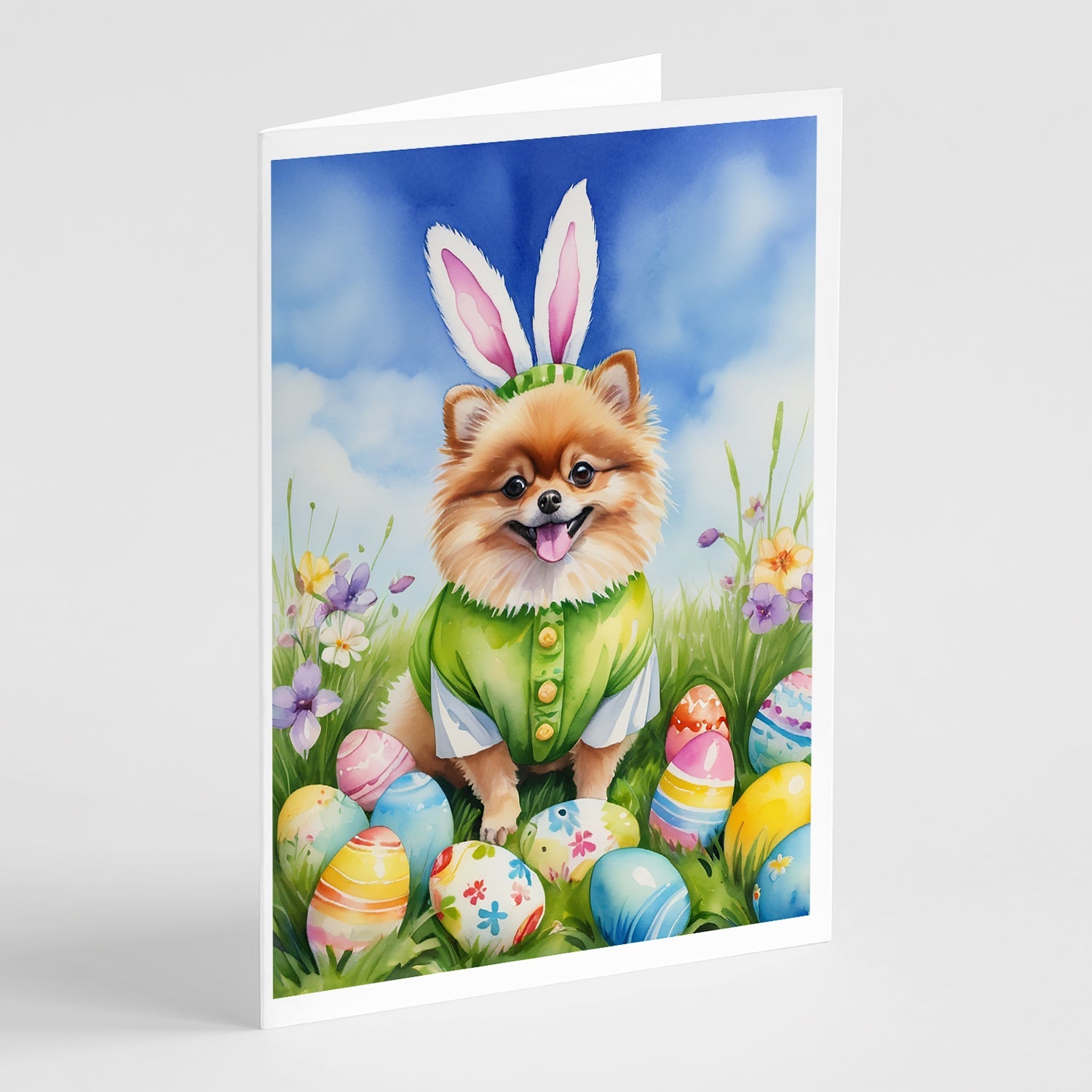 Pomeranian Easter Egg Hunt Greeting Cards Pack of 8 Blank Cards with Envelopes Whimsical A7 Size 5x7