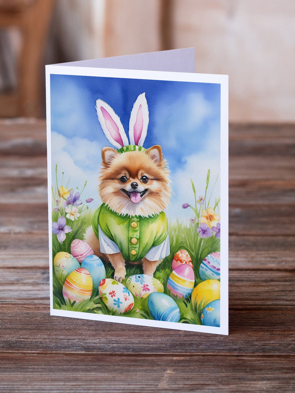 Pomeranian Easter Egg Hunt Greeting Cards Pack of 8 Blank Cards with Envelopes Whimsical A7 Size 5x7