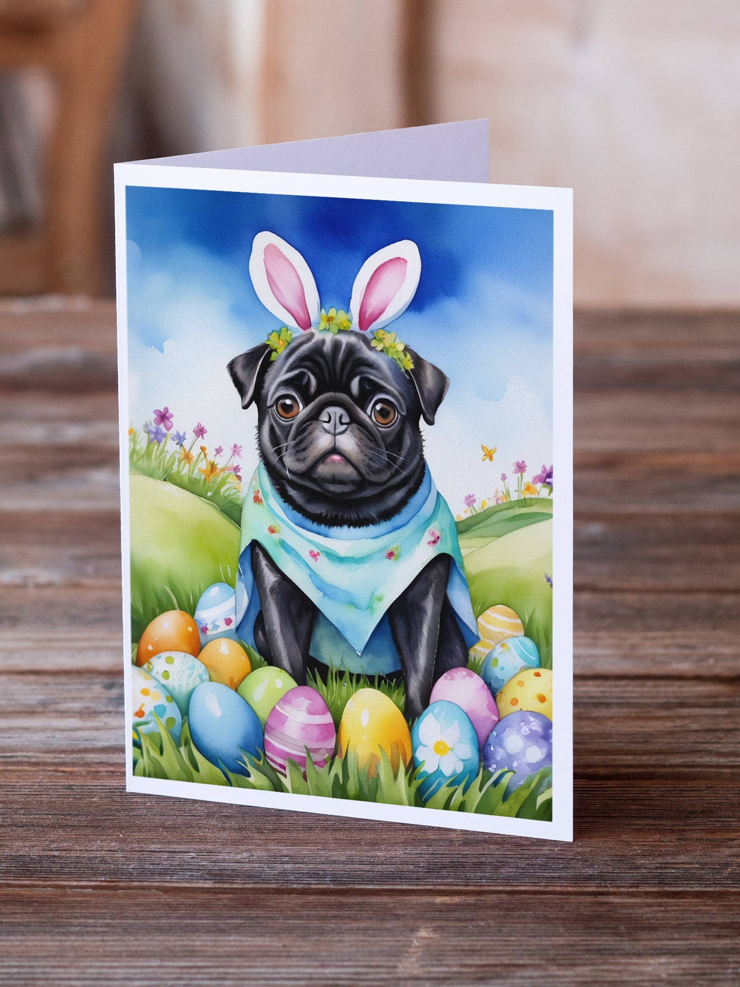 Pug Easter Egg Hunt Greeting Cards Pack of 8 Blank Cards with Envelopes Whimsical A7 Size 5x7