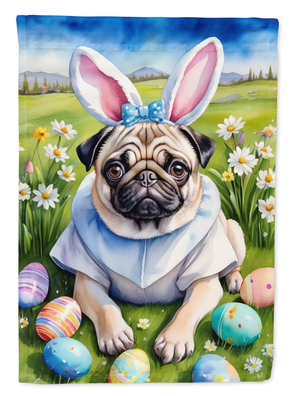 Pug Easter Egg Hunt House Flag 28x40 Porch Sleeve Pole Decorative Outside Yard Banner Artwork Wall Hanging, Polyester