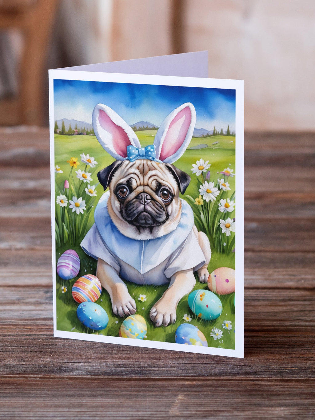 Pug Easter Egg Hunt Greeting Cards Pack of 8 Blank Cards with Envelopes Whimsical A7 Size 5x7