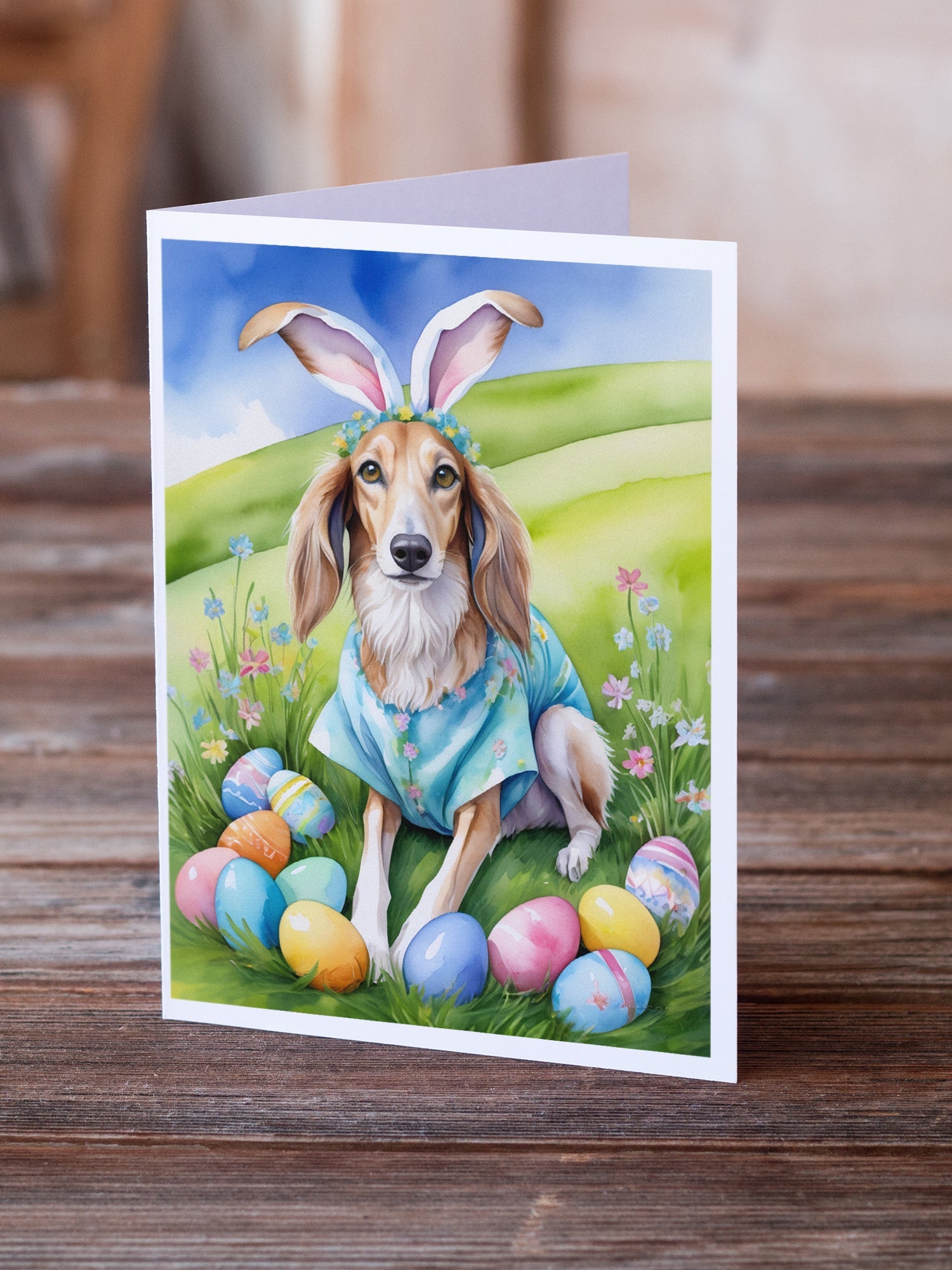 Saluki Easter Egg Hunt Greeting Cards Pack of 8 Blank Cards with Envelopes Whimsical A7 Size 5x7