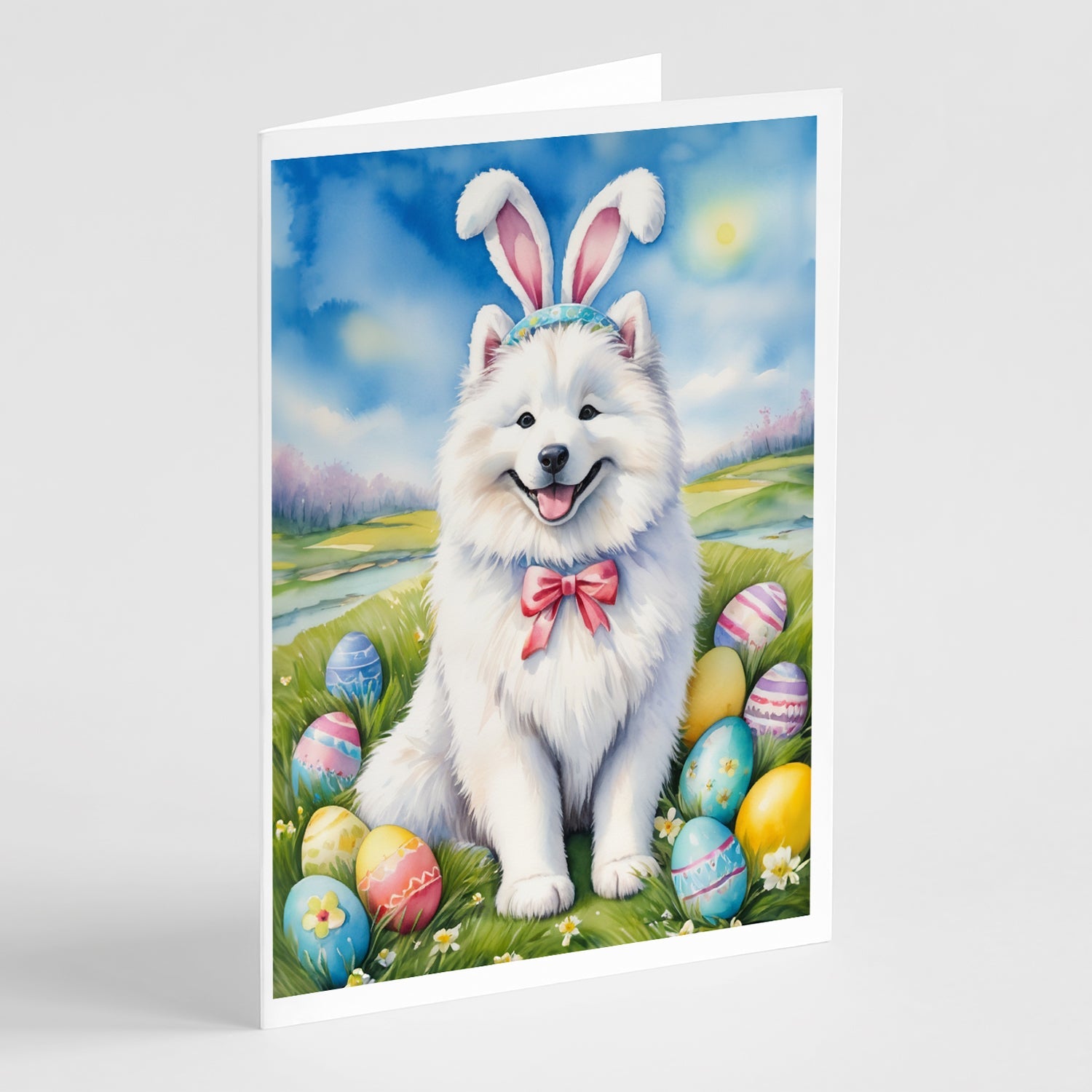 Samoyed Easter Egg Hunt Greeting Cards Pack of 8 Blank Cards with Envelopes Whimsical A7 Size 5x7