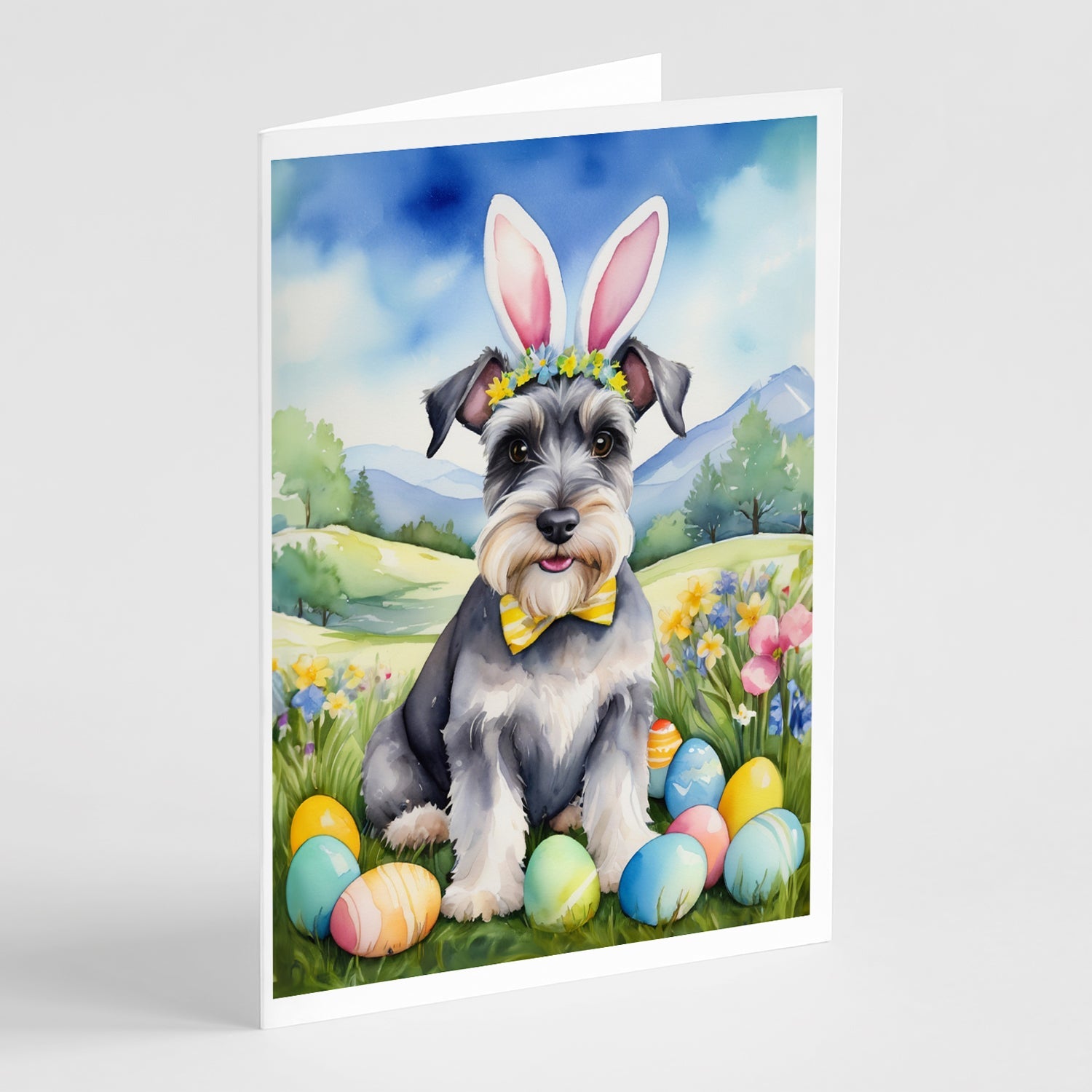 Schnauzer Easter Egg Hunt Greeting Cards Pack of 8 Blank Cards with Envelopes Whimsical A7 Size 5x7