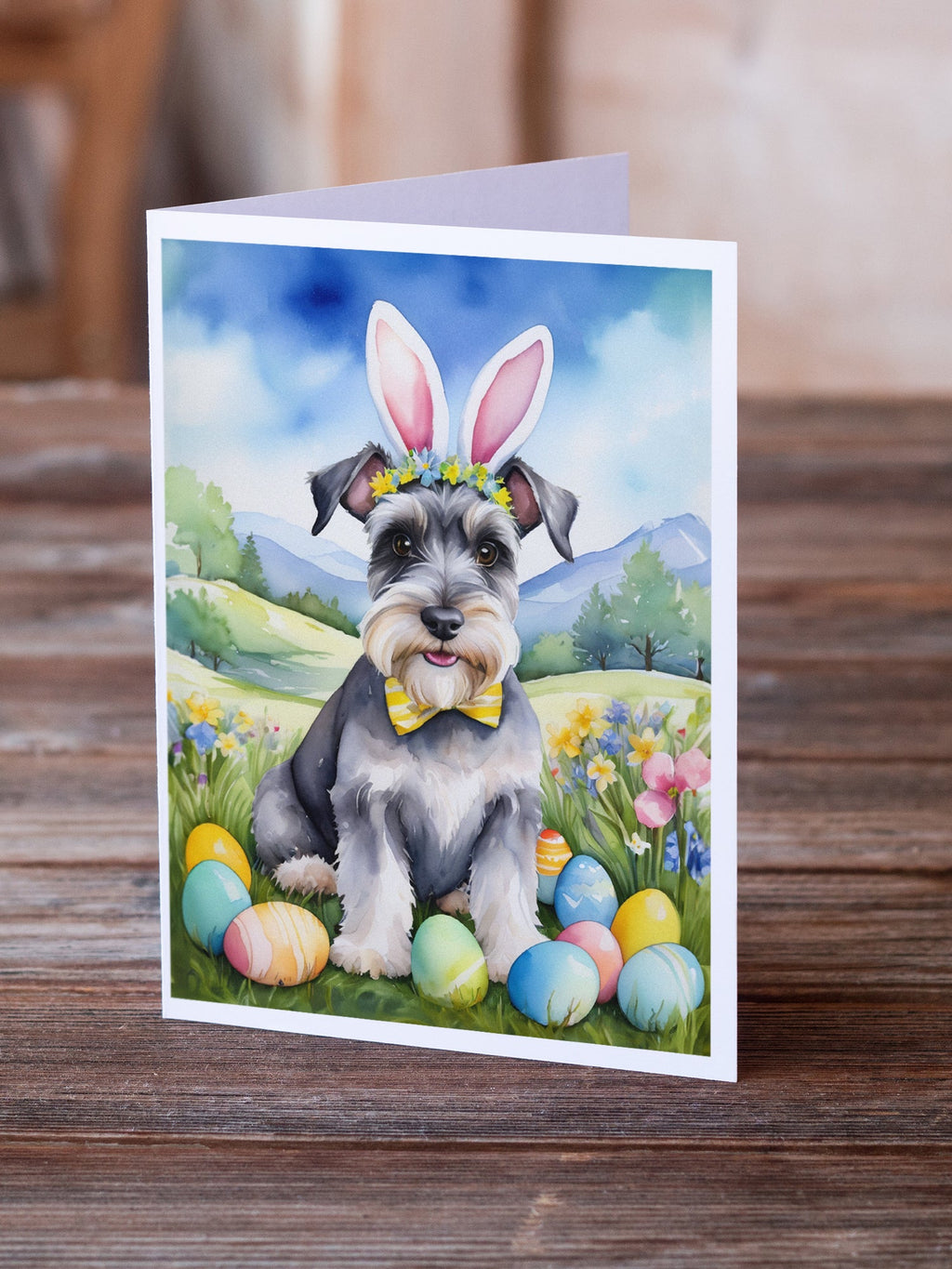 Schnauzer Easter Egg Hunt Greeting Cards Pack of 8 Blank Cards with Envelopes Whimsical A7 Size 5x7
