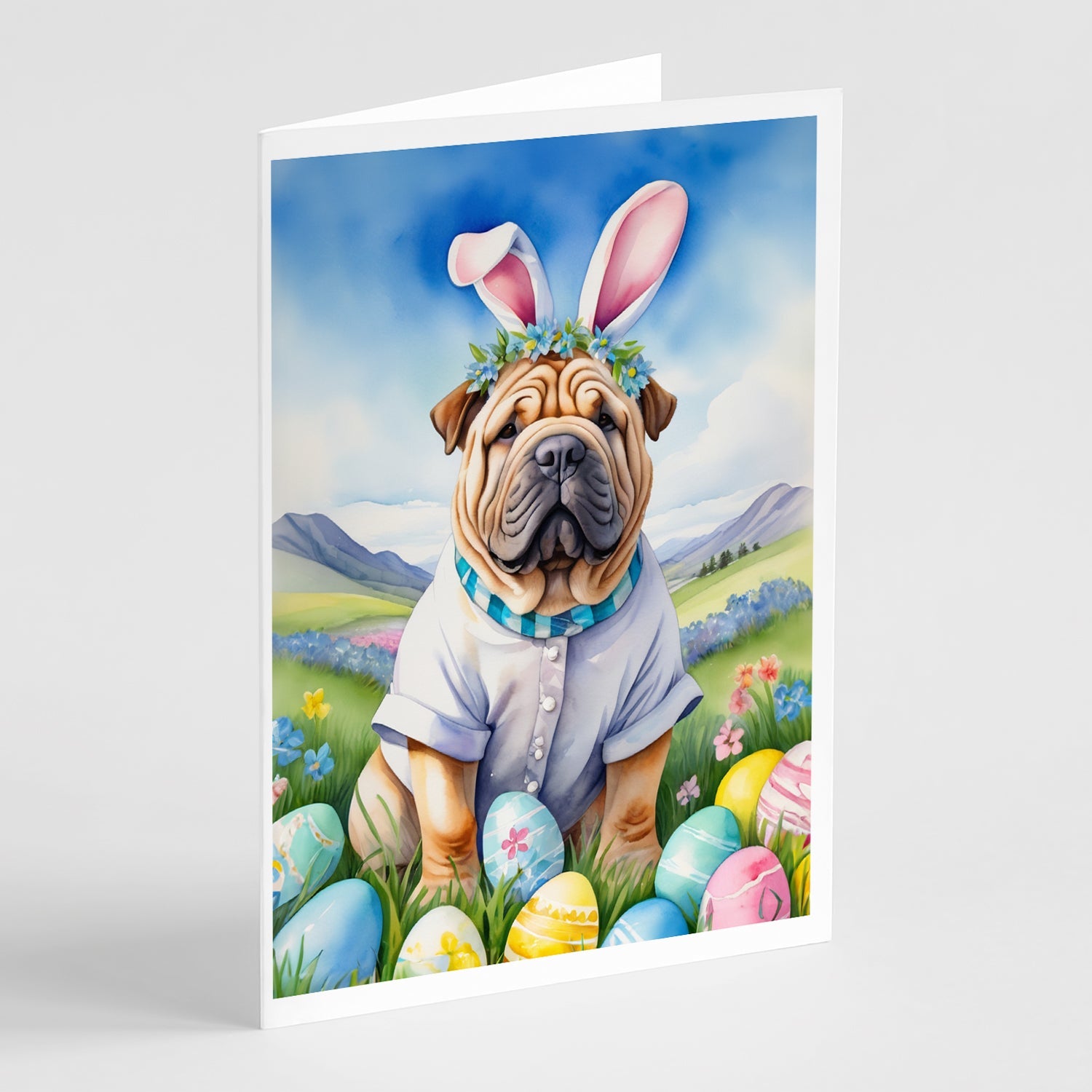 Shar Pei Easter Egg Hunt Greeting Cards Pack of 8 Blank Cards with Envelopes Whimsical A7 Size 5x7