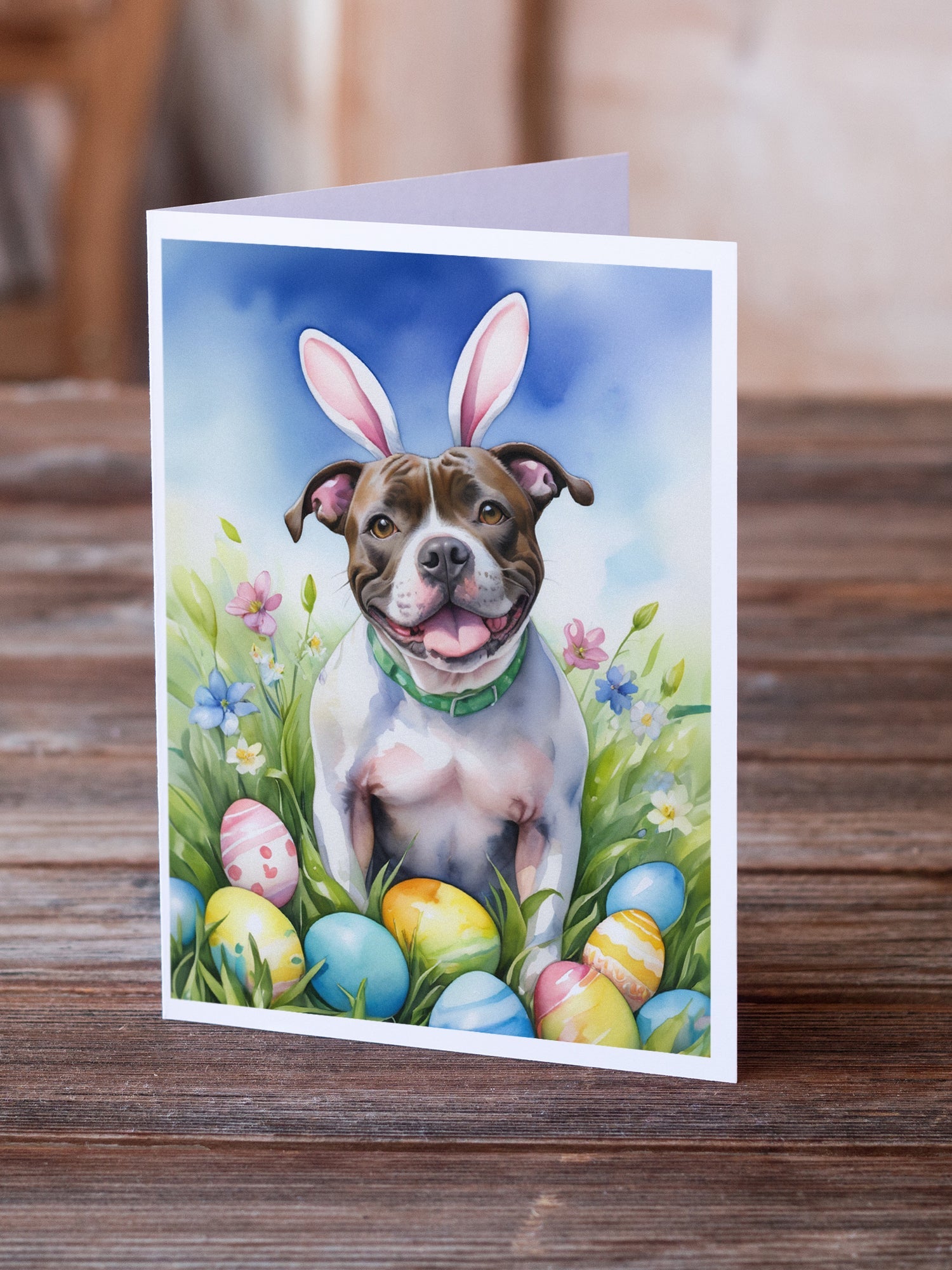 Staffordshire Bull Terrier Easter Egg Hunt Greeting Cards Pack of 8 Blank Cards with Envelopes Whimsical A7 Size 5x7
