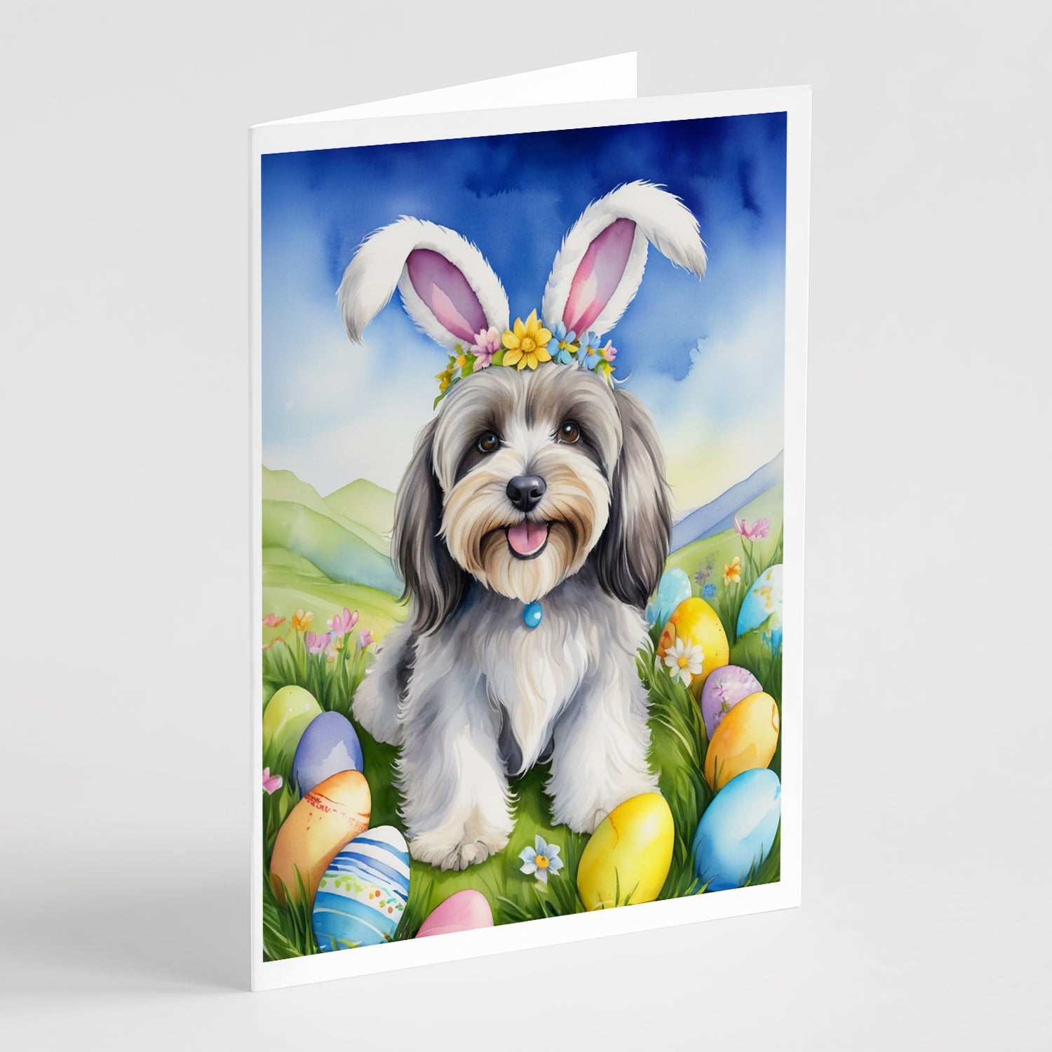 Tibetan Terrier Easter Egg Hunt Greeting Cards Pack of 8 Blank Cards with Envelopes Whimsical A7 Size 5x7