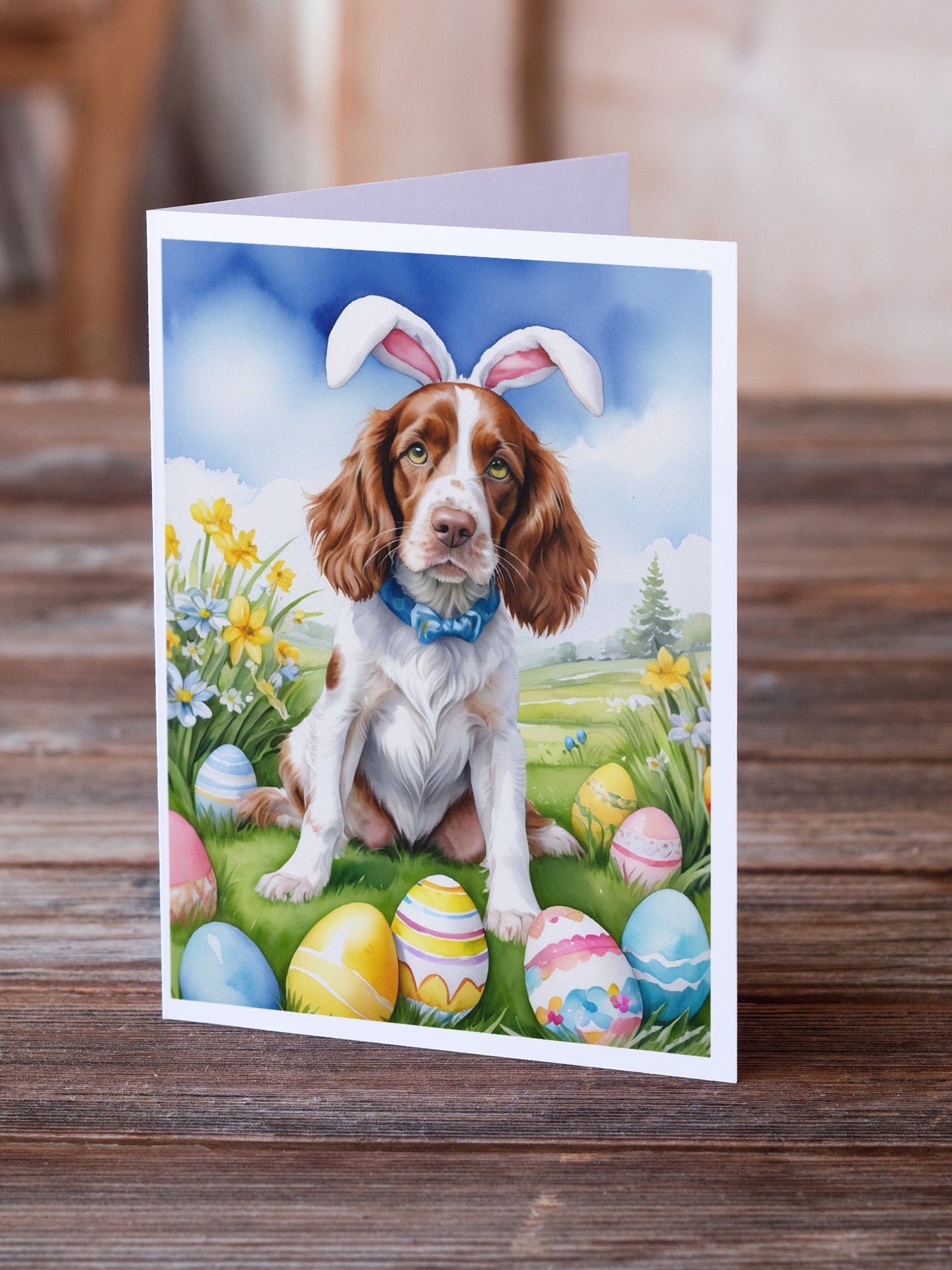 Welsh Springer Spaniel Easter Egg Hunt Greeting Cards Pack of 8 Blank Cards with Envelopes Whimsical A7 Size 5x7