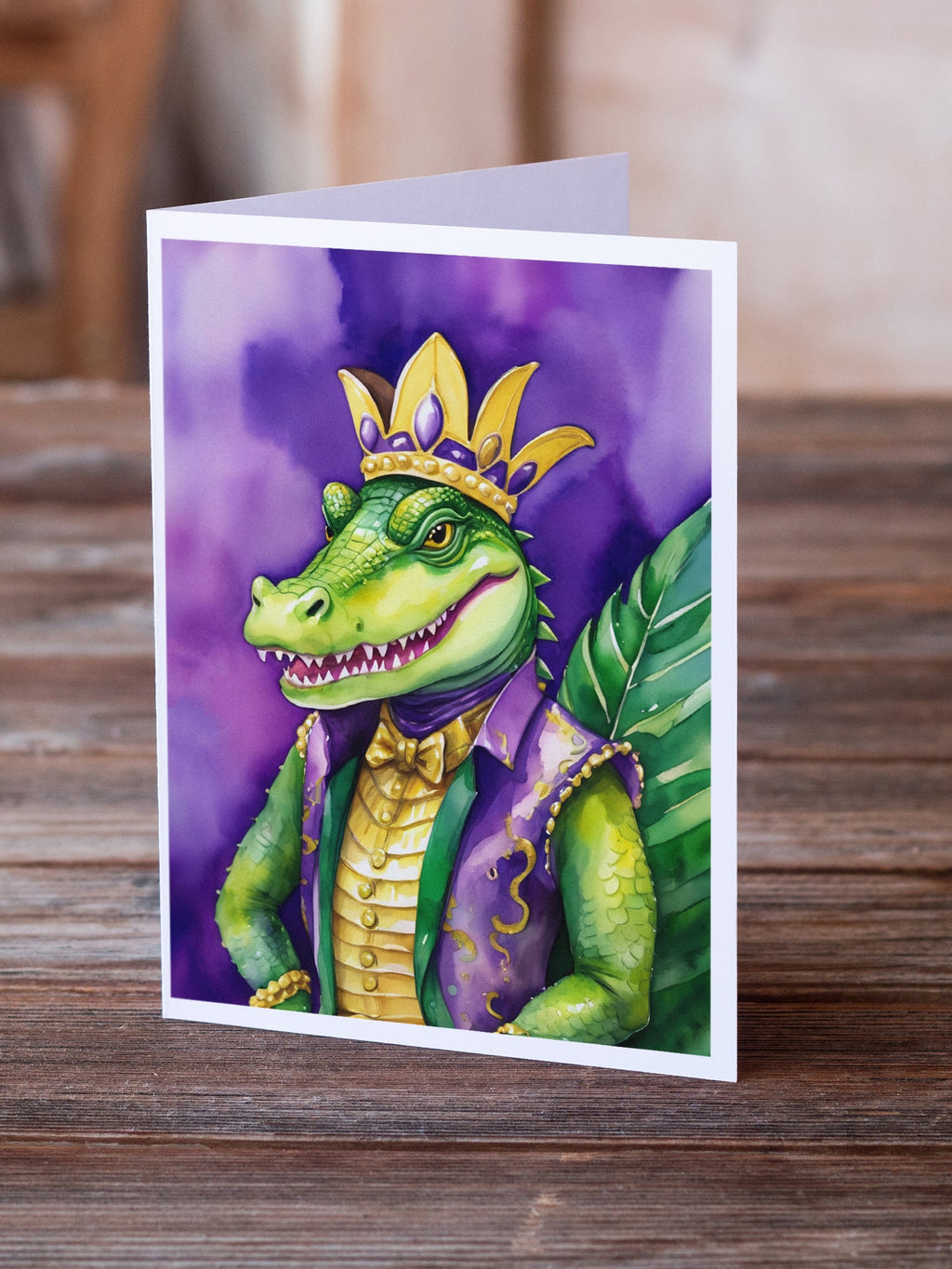 Alligator King of Mardi Gras Greeting Cards Pack of 8 Blank Cards with Envelopes Whimsical A7 Size 5x7