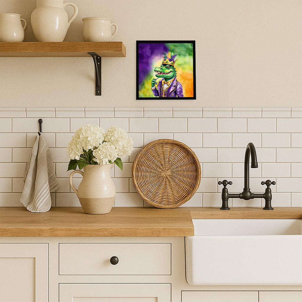 Alligator King of Mardi Gras Framed Metal Print Bathroom, Kitchen, Office, Home Decor Wall Art Ready to Hang, Square, 8X8