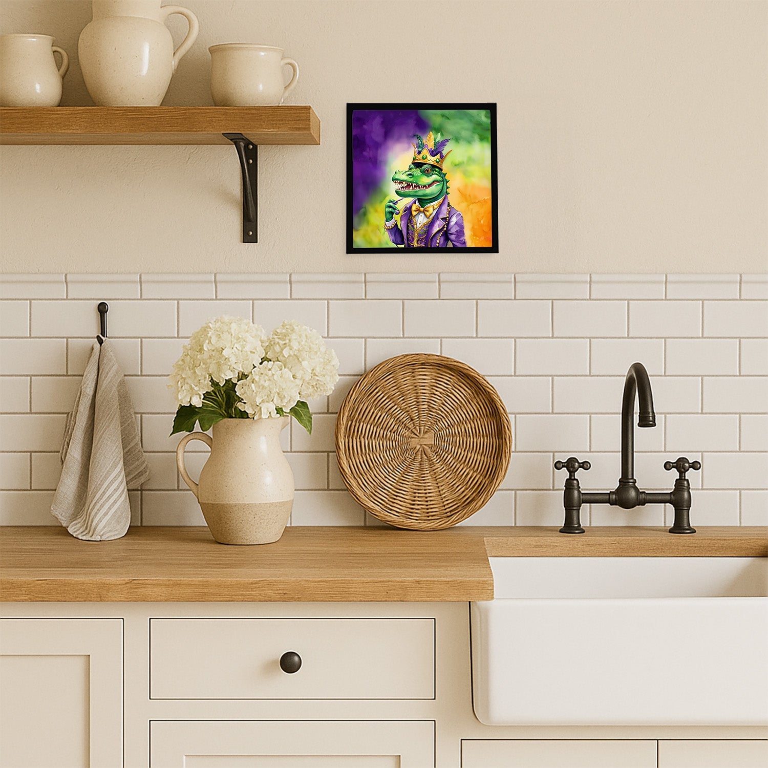 Alligator King of Mardi Gras Framed Metal Print Bathroom, Kitchen, Office, Home Decor Wall Art Ready to Hang, Square, 8X8