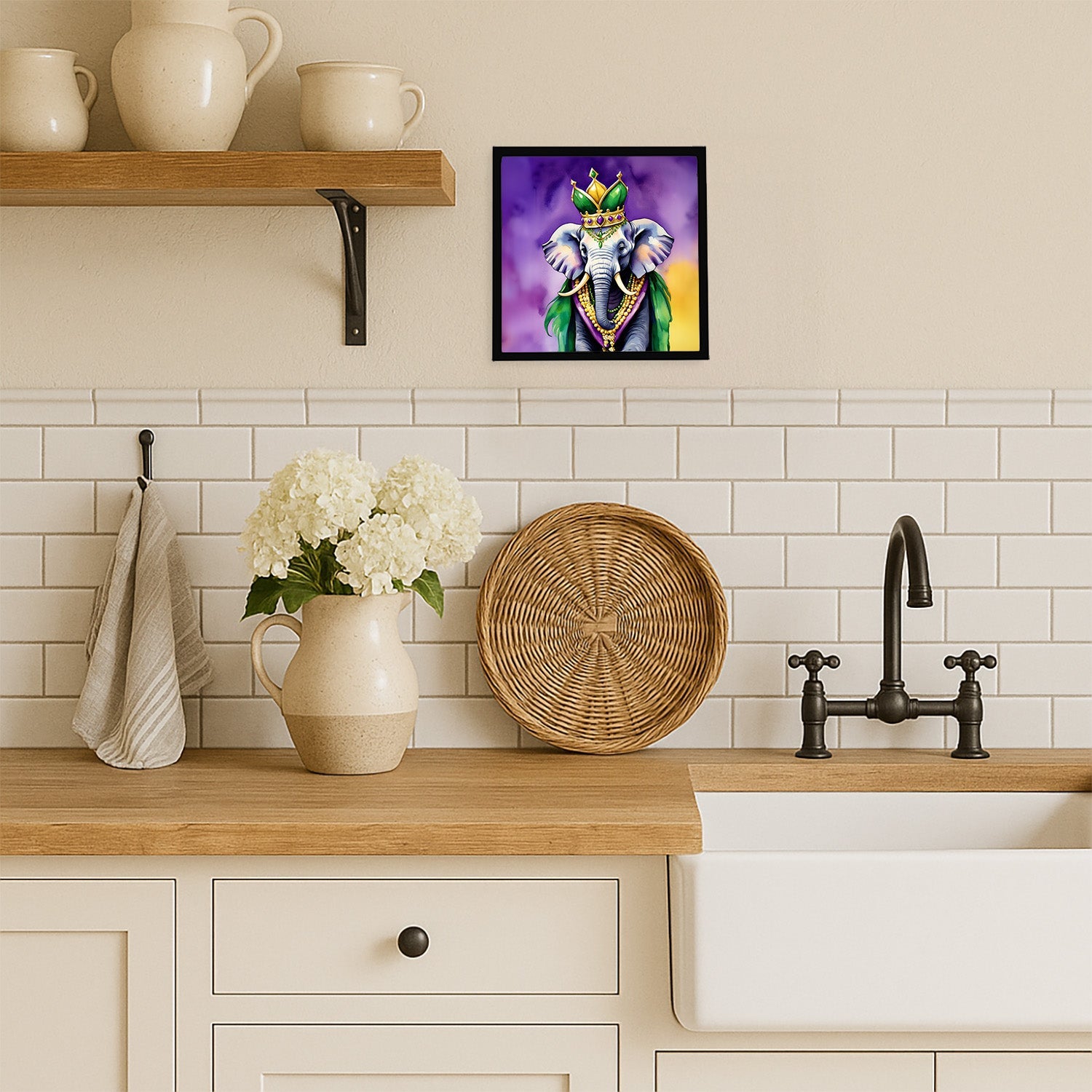 Elephant King of Mardi Gras Framed Metal Print Bathroom, Kitchen, Office, Home Decor Wall Art Ready to Hang, Square, 8X8