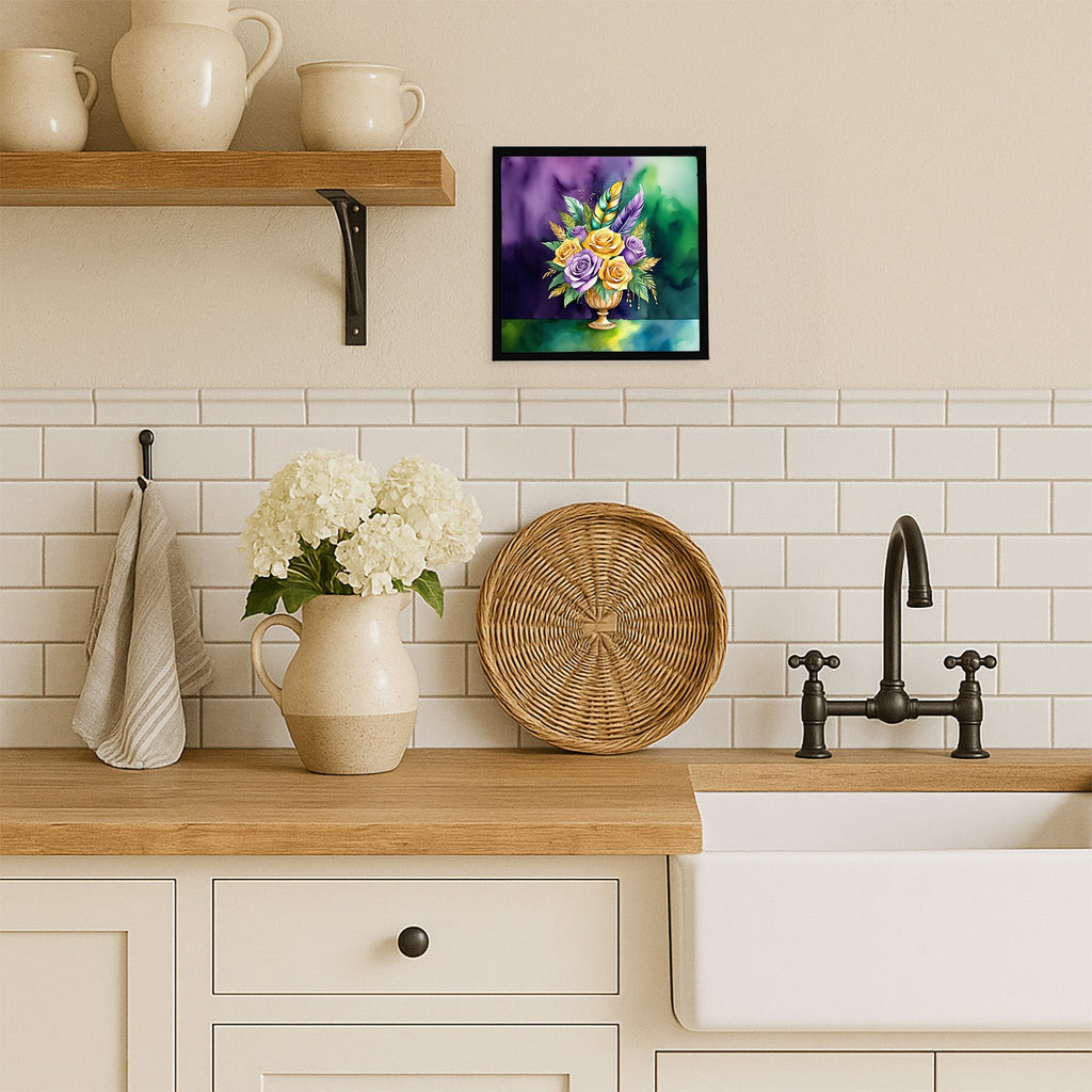 Flowers Mardi Gras Framed Metal Print Bathroom, Kitchen, Office, Home Decor Wall Art Ready to Hang, Square, 8X8