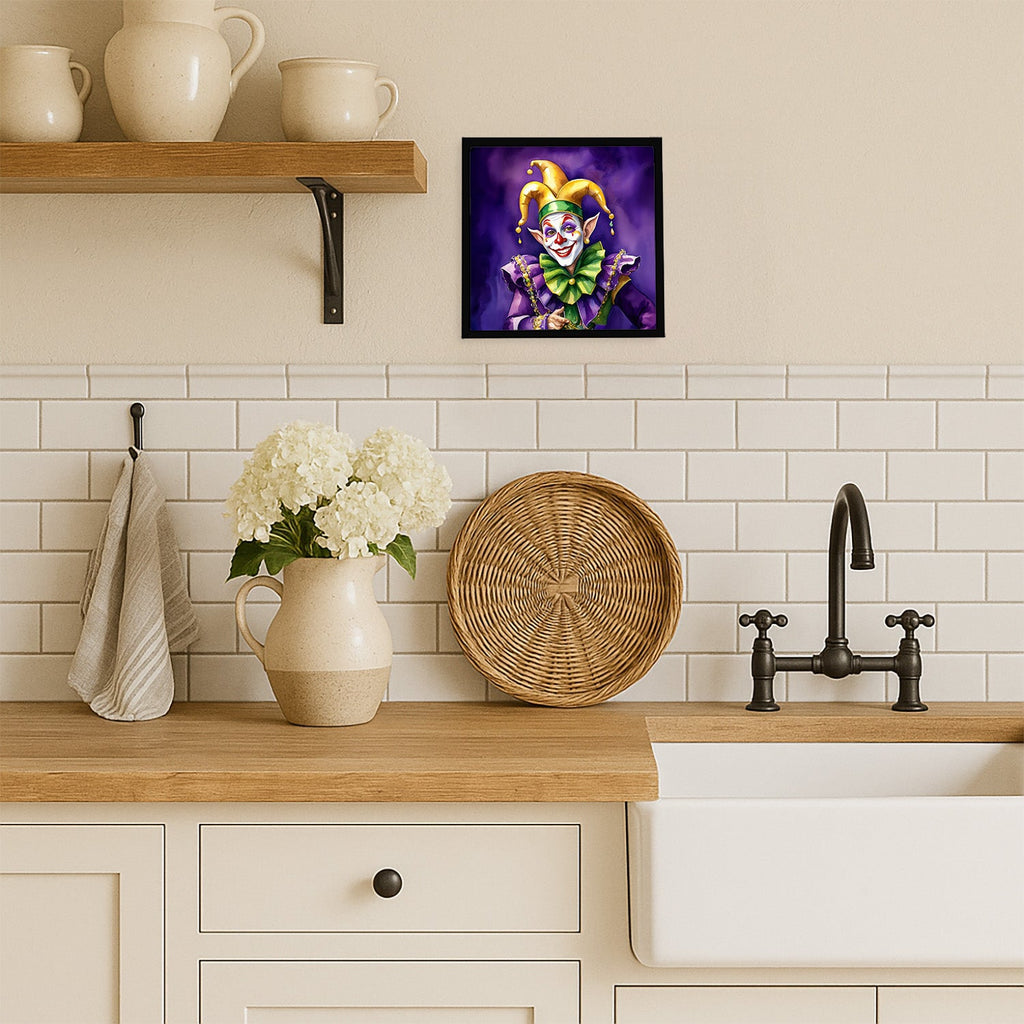 Jester Mardi Gras Framed Metal Print Bathroom, Kitchen, Office, Home Decor Wall Art Ready to Hang, Square, 8X8