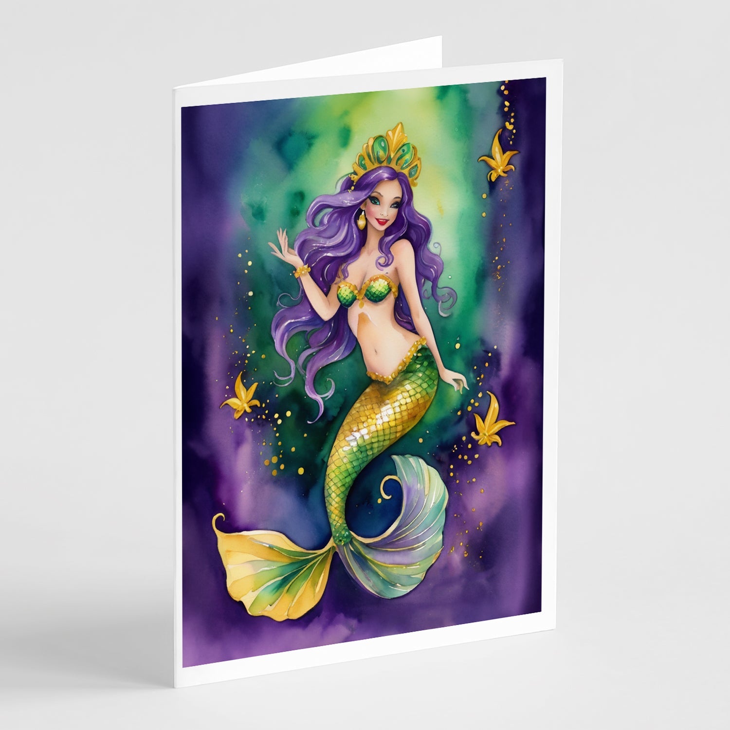 Mermaid Mardi Gras Greeting Cards Pack of 8 Blank Cards with Envelopes Whimsical A7 Size 5x7
