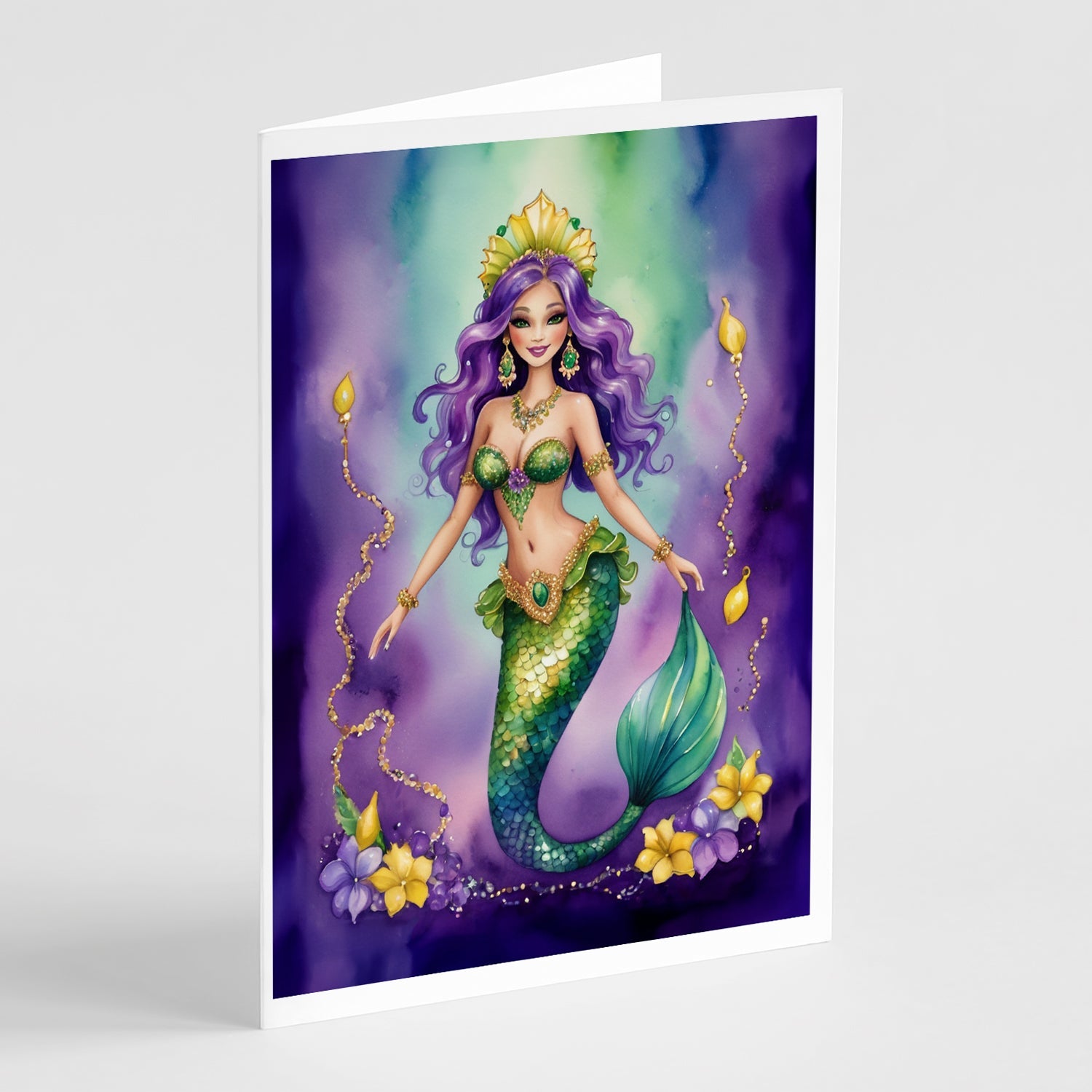 Mermaid Mardi Gras Greeting Cards Pack of 8 Blank Cards with Envelopes Whimsical A7 Size 5x7