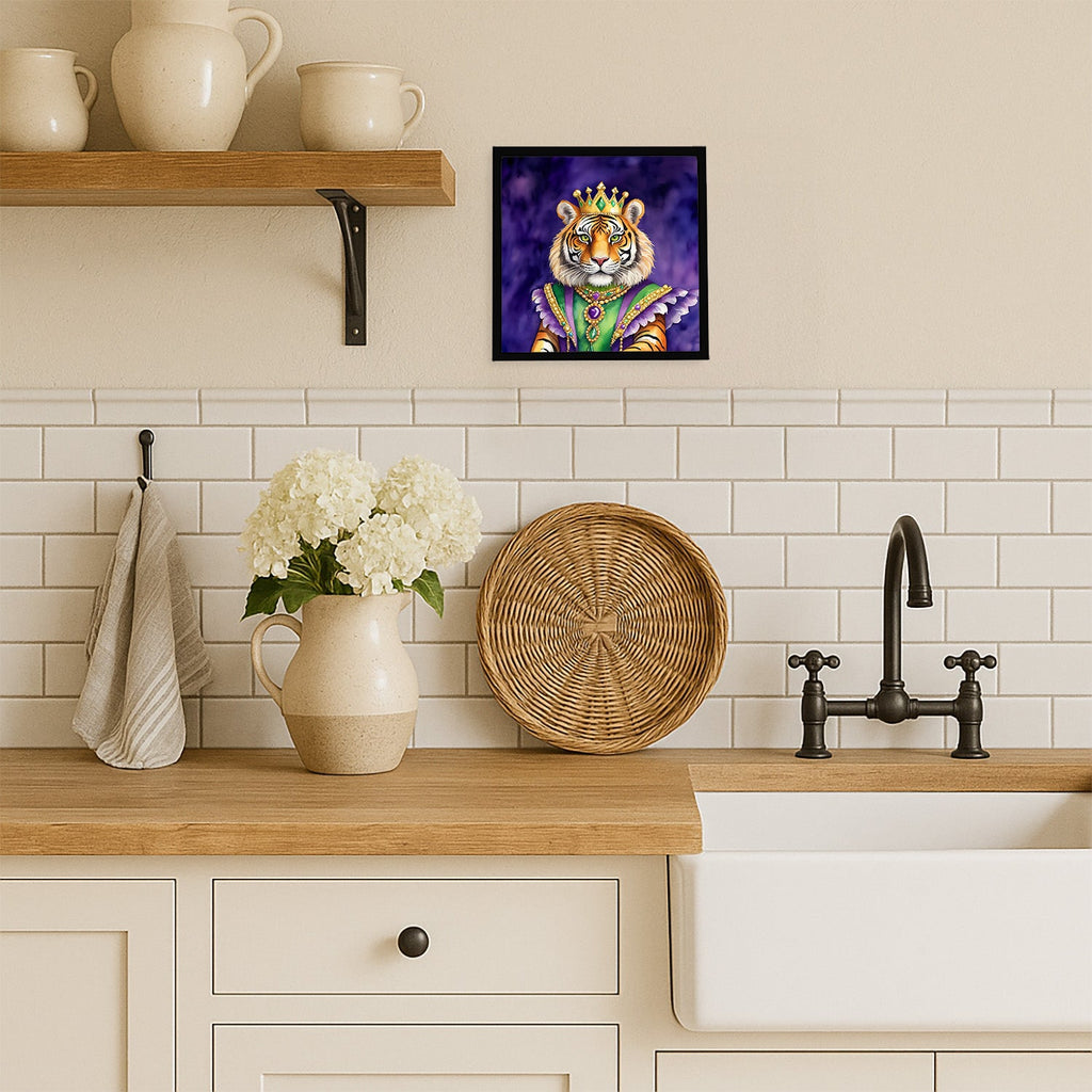Tiger the King of Mardi Gras Framed Metal Print Bathroom, Kitchen, Office, Home Decor Wall Art Ready to Hang, Square, 8X8