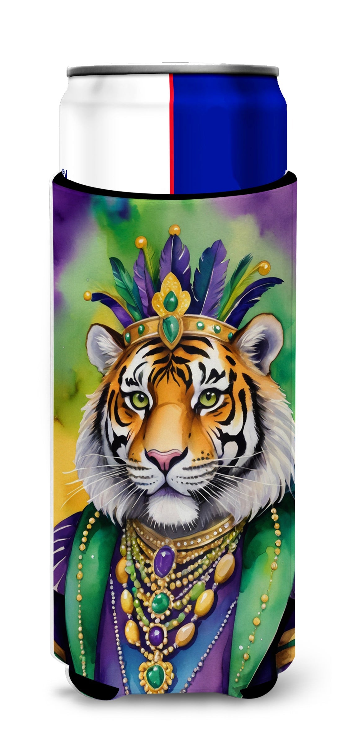 Tiger the King of Mardi Gras Slim Can Hugger , Insulated Foam Hugger for 12 oz Slim Cans, Beer Bottles & Water Bottles, Printed in USA