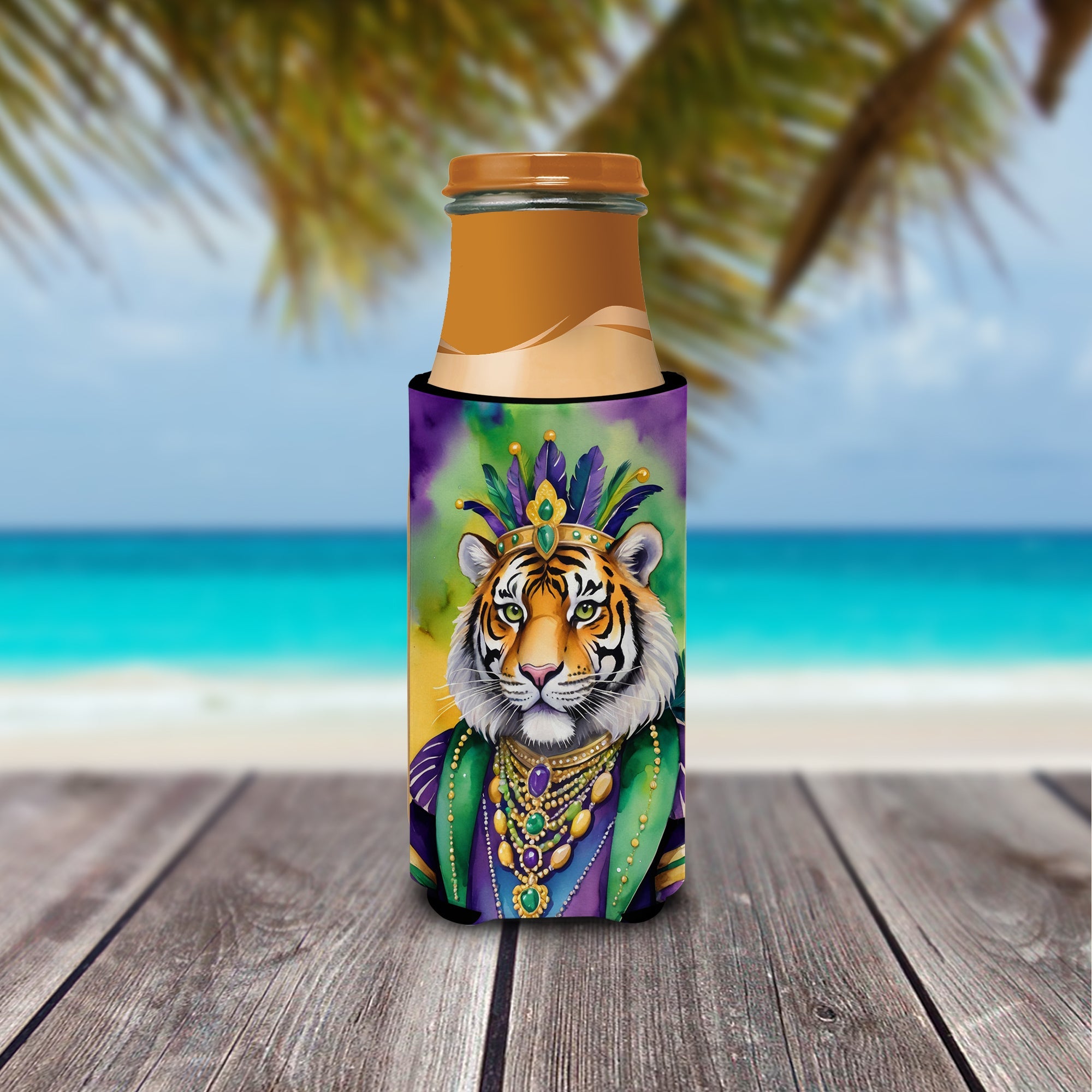 Tiger the King of Mardi Gras Slim Can Hugger , Insulated Foam Hugger for 12 oz Slim Cans, Beer Bottles & Water Bottles, Printed in USA