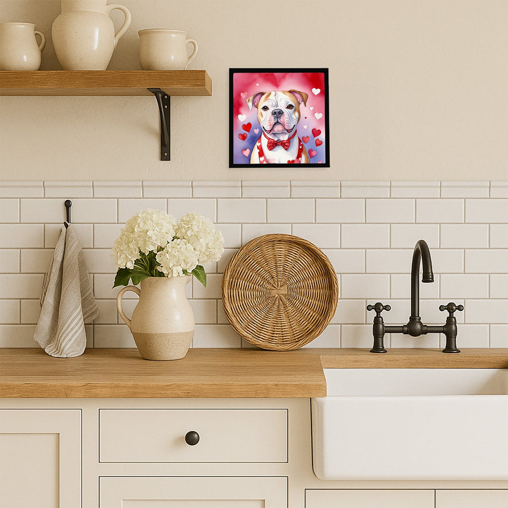 American Bulldog My Valentine Framed Metal Print Bathroom, Kitchen, Office, Home Decor Wall Art Ready to Hang, Square, 8X8
