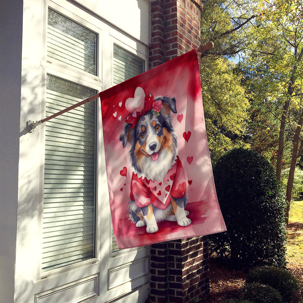 Australian Shepherd My Valentine House Flag 28x40 Porch Sleeve Pole Decorative Outside Yard Banner Artwork Wall Hanging, Polyester