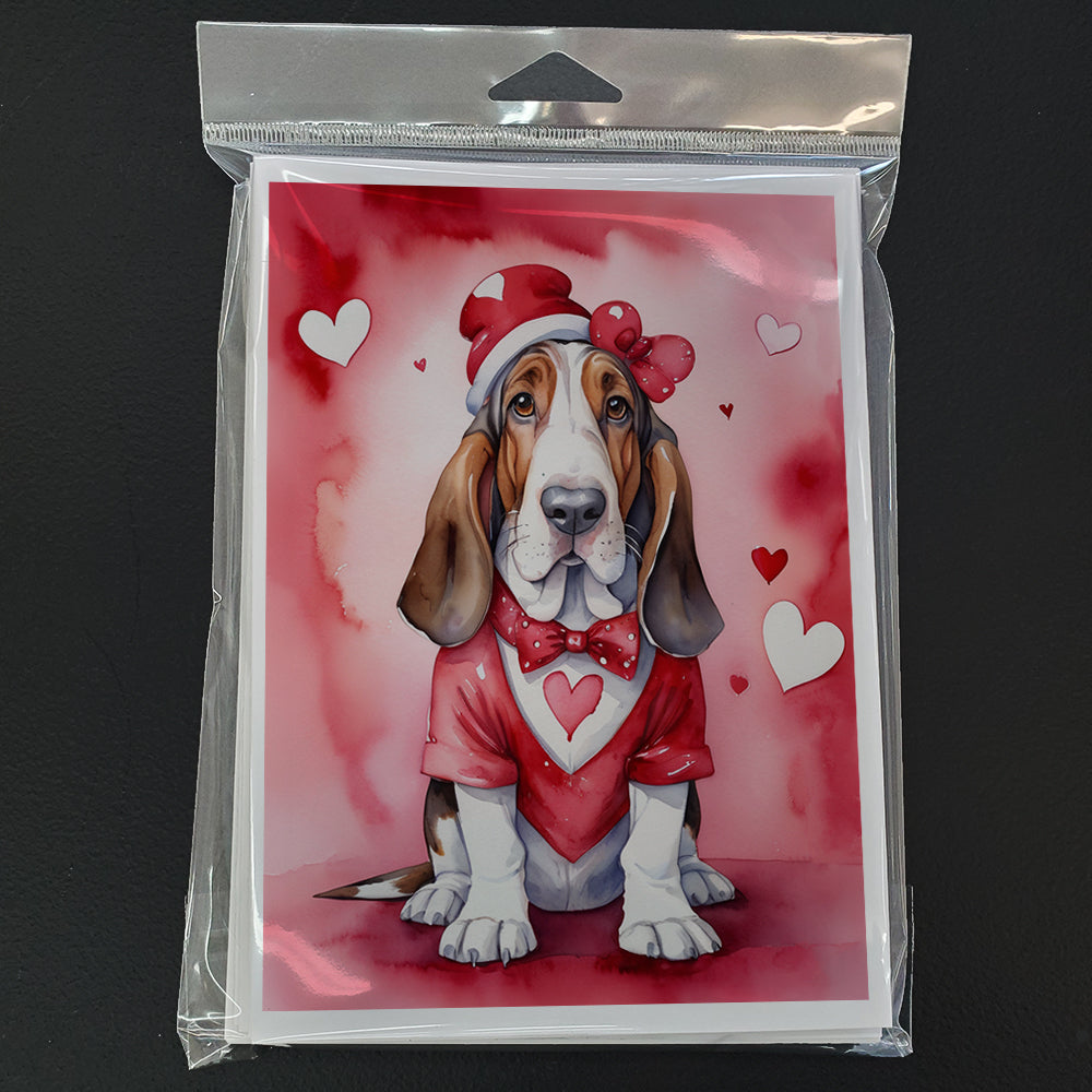 Basset Hound My Valentine Greeting Cards Pack of 8 Blank Cards with Envelopes Whimsical A7 Size 5x7
