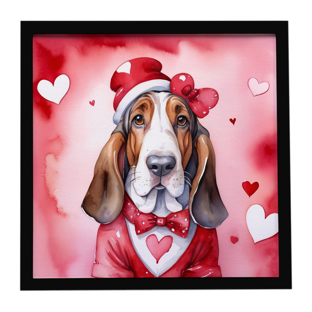 Basset Hound My Valentine Framed Metal Print Bathroom, Kitchen, Office, Home Decor Wall Art Ready to Hang, Square, 8X8