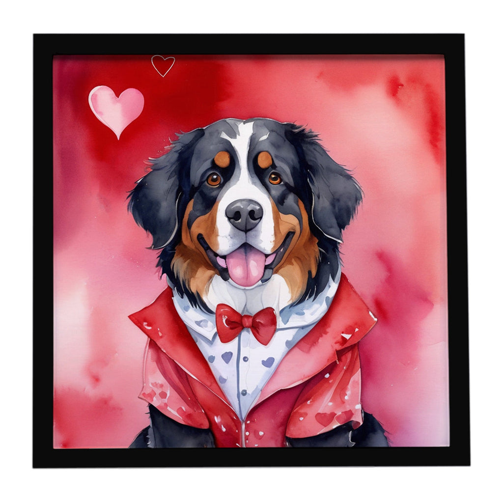 Bernese Mountain Dog My Valentine Framed Metal Print Bathroom, Kitchen, Office, Home Decor Wall Art Ready to Hang, Square, 8X8