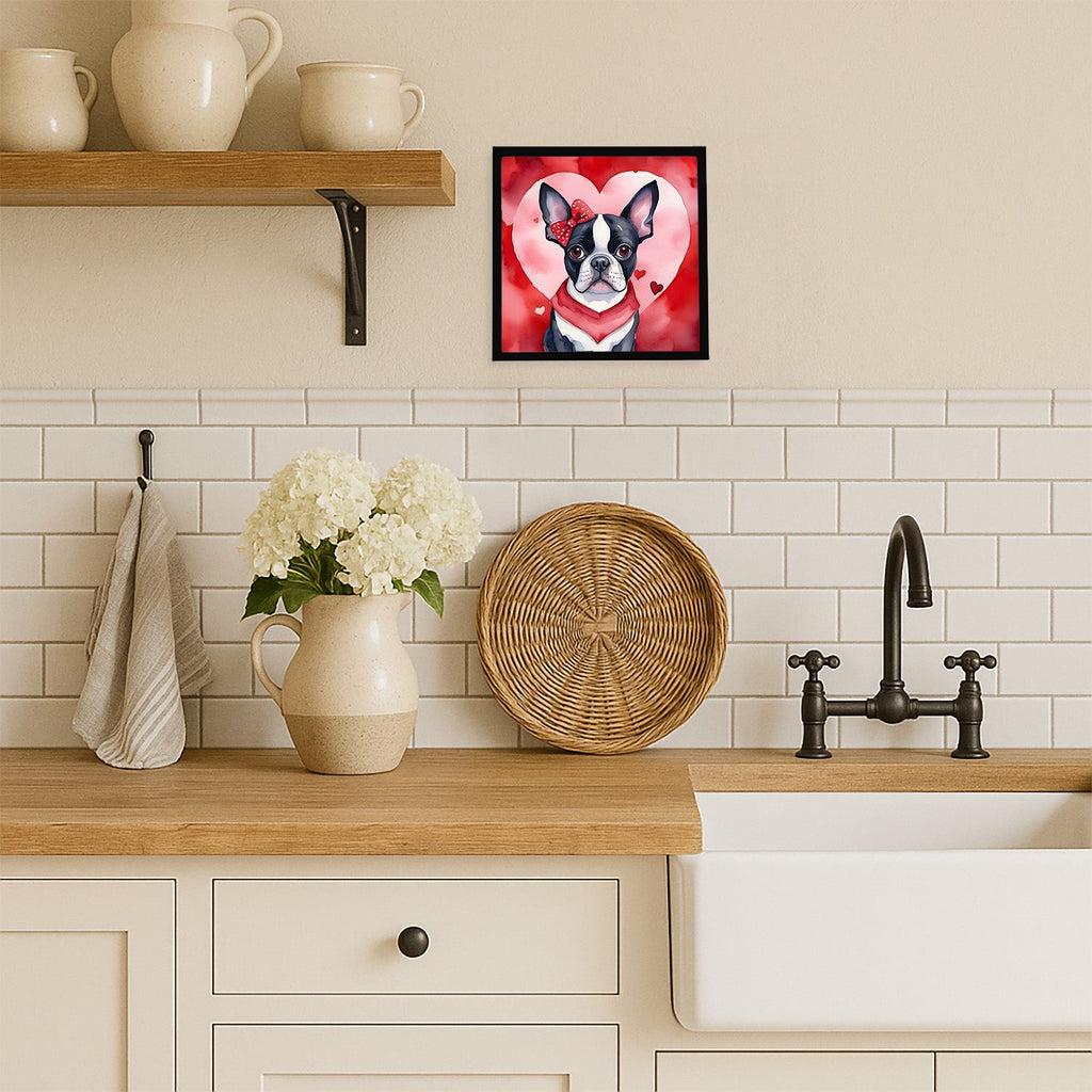 Boston Terrier My Valentine Framed Metal Print Bathroom, Kitchen, Office, Home Decor Wall Art Ready to Hang, Square, 8X8